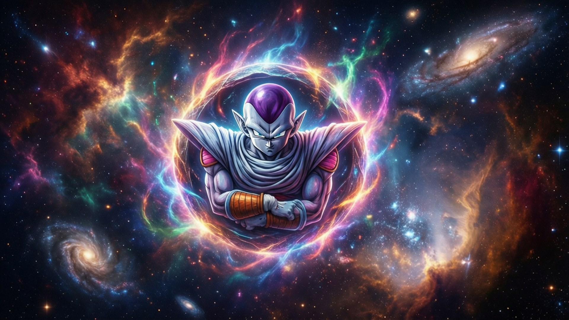 動漫角色身處宇宙能量環中，周圍環繞著星系和星雲。
