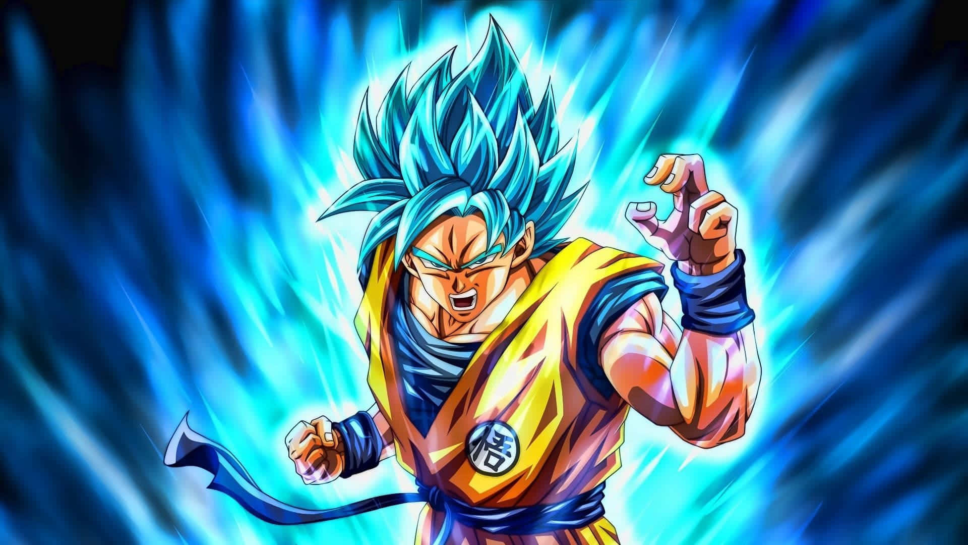  壁紙 — 一位強大的藍髮動漫戰士身穿黃色道服，在動態的宇宙背景下散發出強烈的藍色能量。