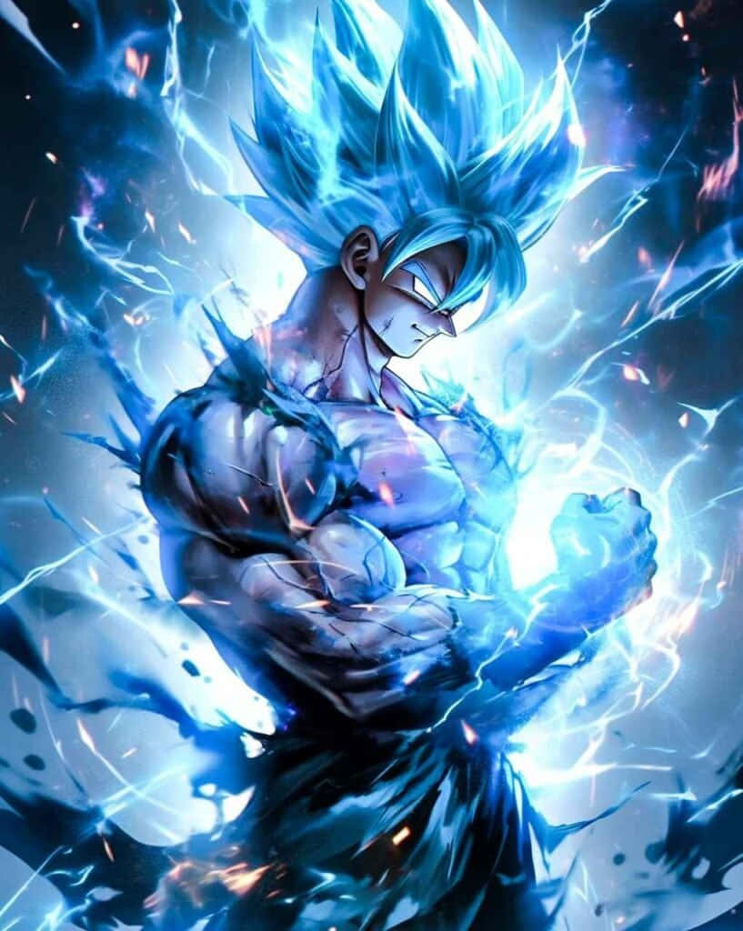  壁紙 — 一位強大的藍髮動漫戰士散發著電能，發光的拳頭和噼啪作響的閃電環繞著他肌肉發達的身軀。