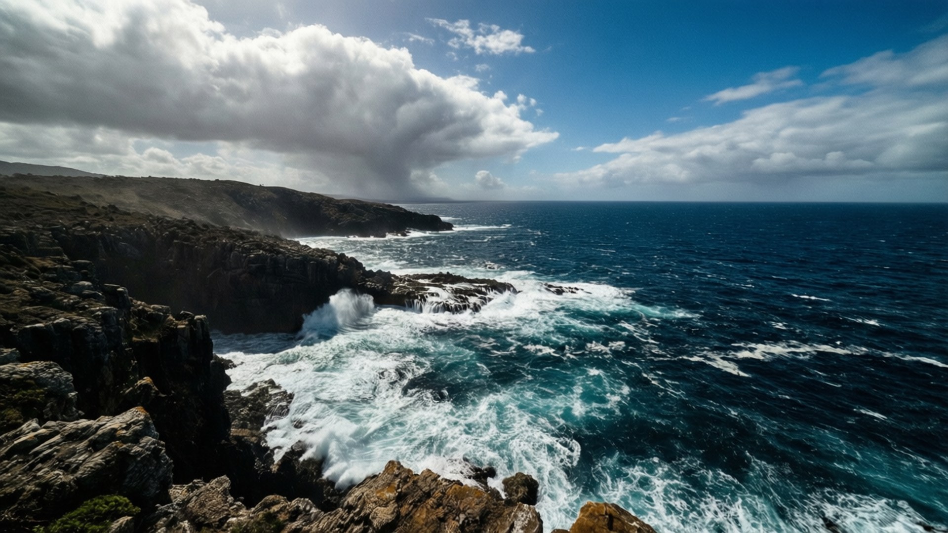 Rugged Coastline Power 壁紙 — 強大的海浪在戲劇性的多雲天空下衝擊崎嶇的懸崖。
