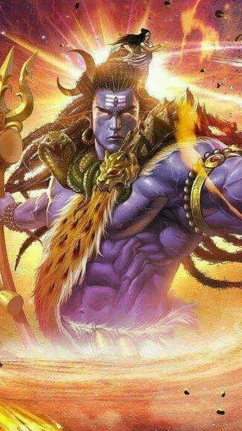  壁紙 — 一位擁有紫色皮膚、佩戴蛇形項鍊並手持三叉戟的強大神祇，在熾熱的宇宙背景下散發著神聖能量。