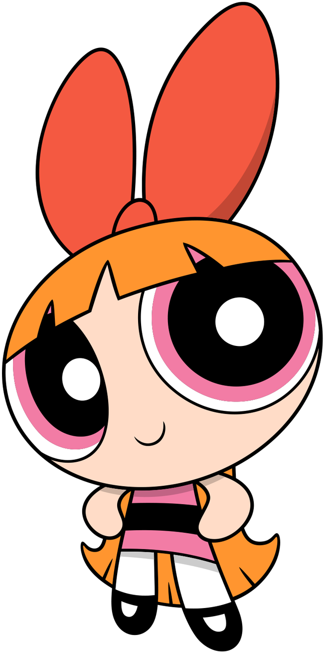 Powerpuff Girls角色Blossom 壁紙 — 一個橙色頭髮、大眼睛帶粉紅邊框的卡通女孩，在黑色背景前穿著粉紅和黑色服裝。