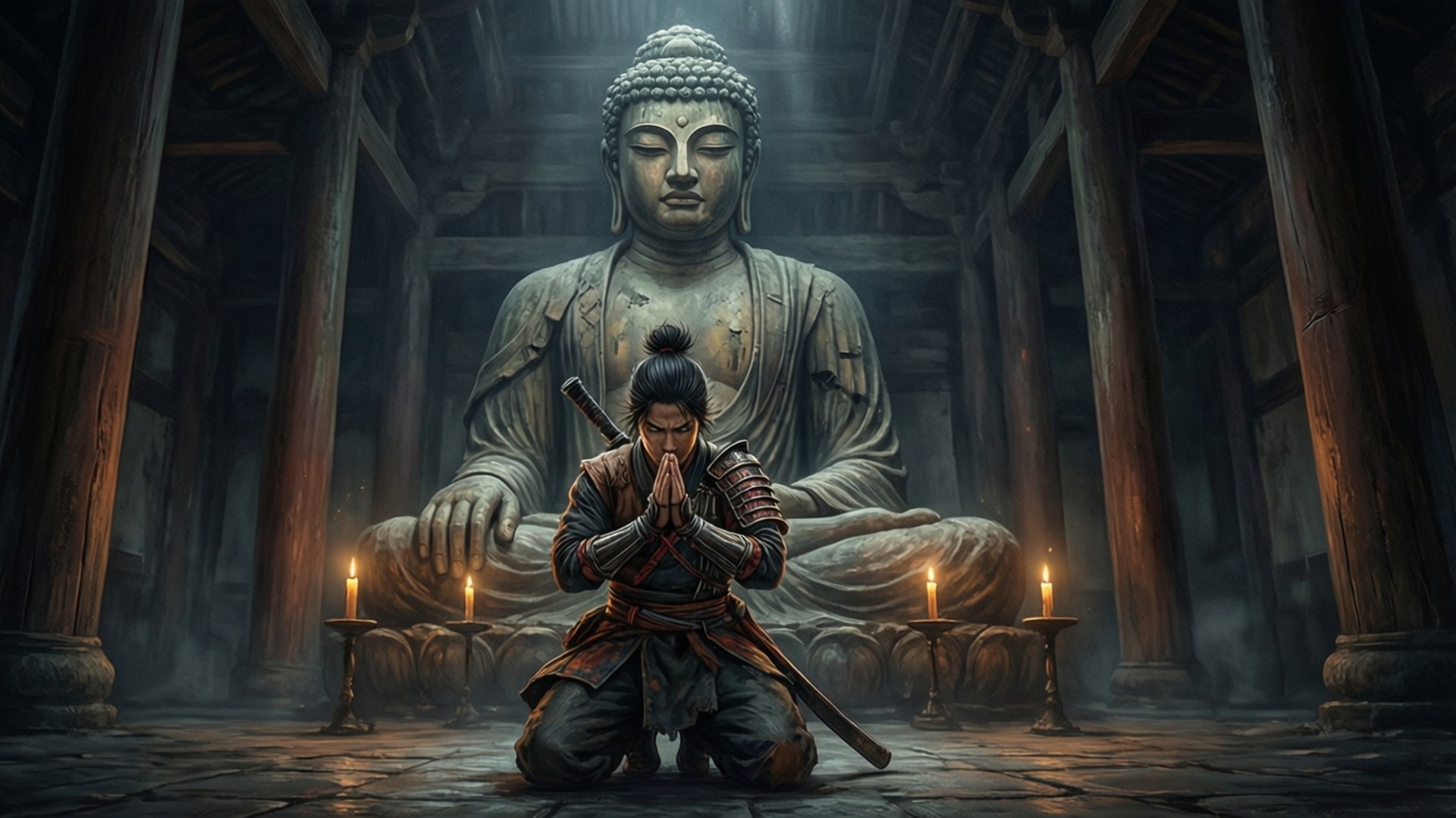 武士在燭光照亮的寺廟中，向一尊巨大的佛像鞠躬致敬。