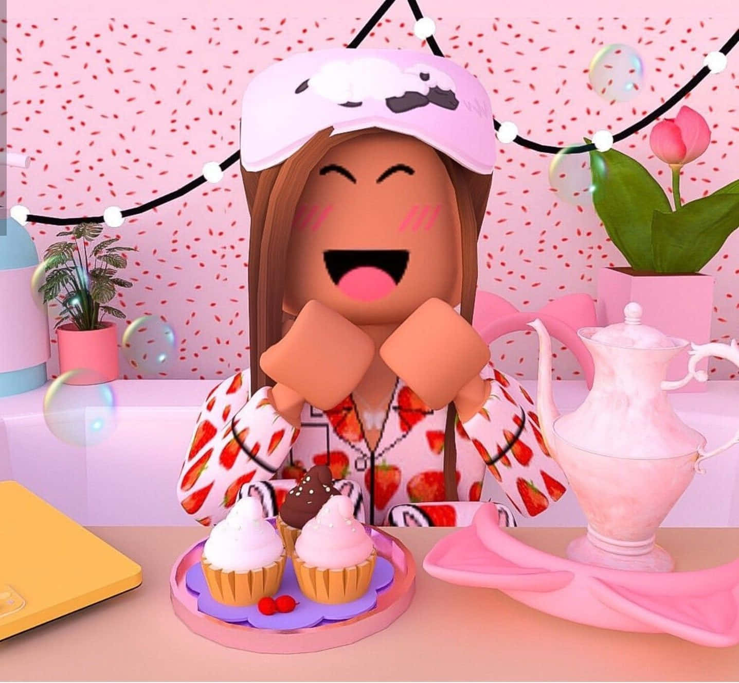 Preppy Roblox 棕色頭髮 壁紙 — 一個快樂的Roblox角色穿著草莓睡衣套裝，在充滿粉紅色泡泡的房間裡一邊享用杯子蛋糕和茶一邊大笑。