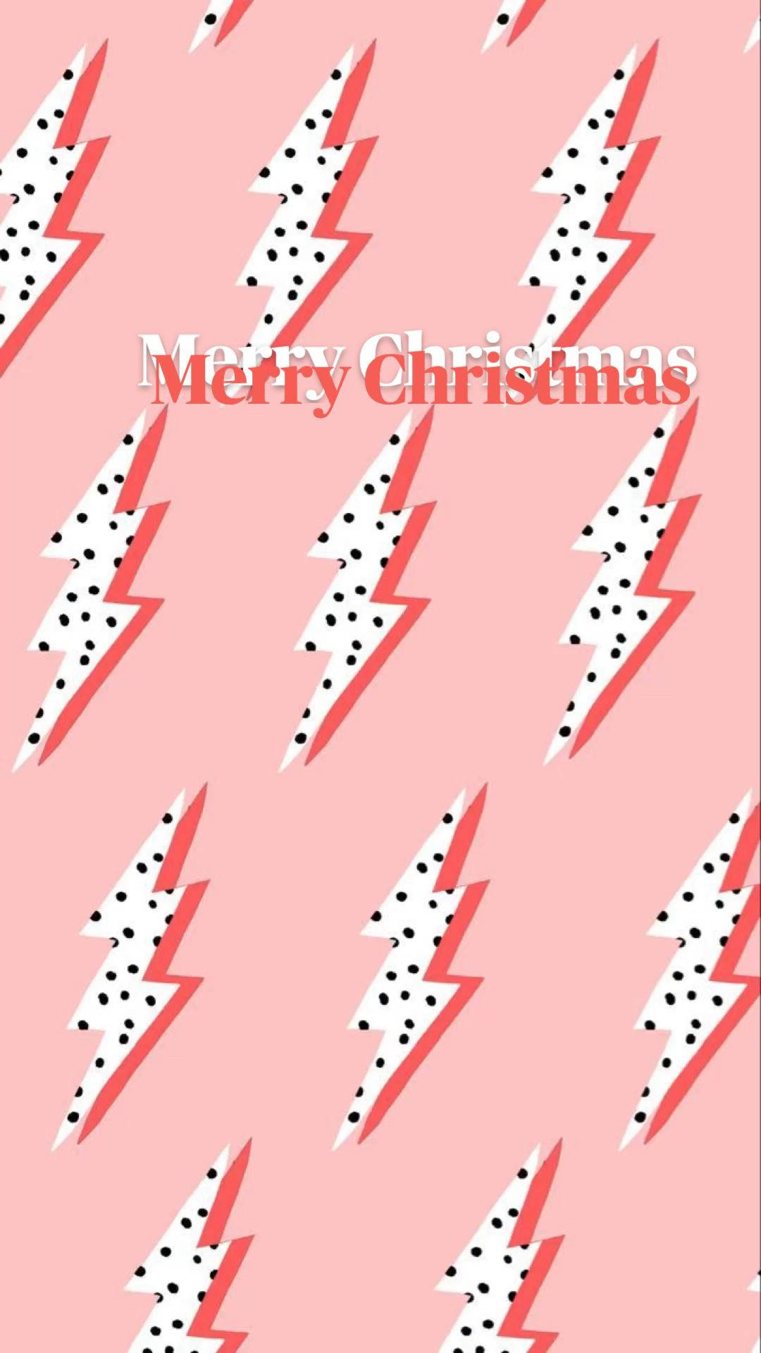 粉紅色牆紙，白色閃電，紅色輪廓，黑色斑點，帶有'Merry Christmas'文字。