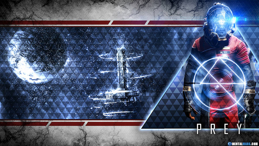 體驗《Prey》的數位同人藝術，進入沉浸式數位世界 壁紙 — 一位身穿紅色盔甲的未来太空人站在發光的瞄準十字線前，背景是宇宙中的行星和太空站。