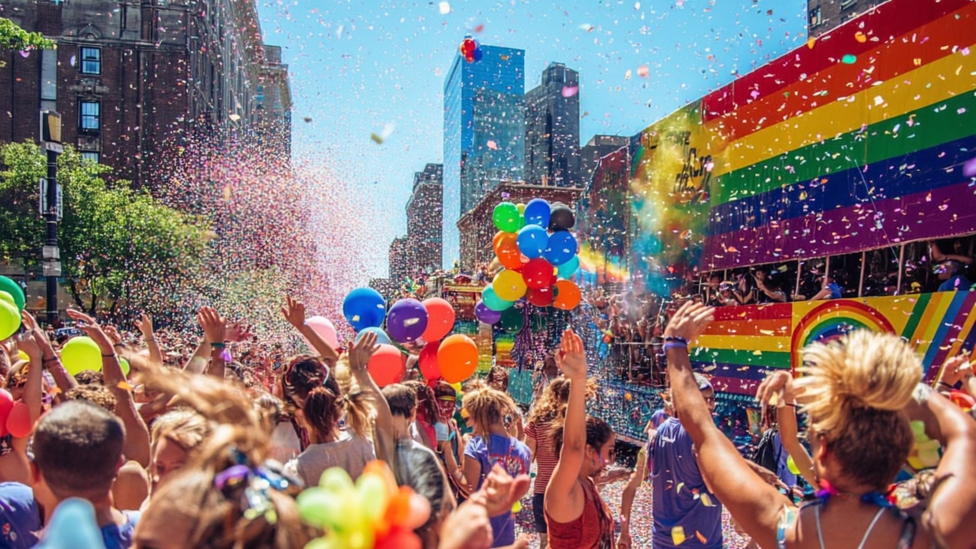Pride Parade Festivity 壁紙 — 人群在燦爛陽光下歡呼，彩虹紙屑和氣球在色彩繽紛的遊行花車周圍爆炸，街道上充滿節日氣氛。