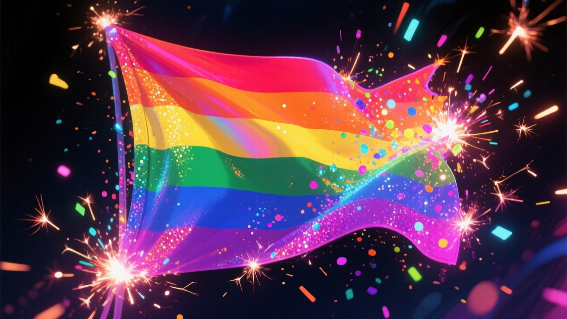 Pride Spark Explosion 壁紙 — 一面鮮豔的彩虹旗在黑暗的天空中動態飄揚，充滿了色彩繽紛的煙火和閃閃發光的五彩紙屑。