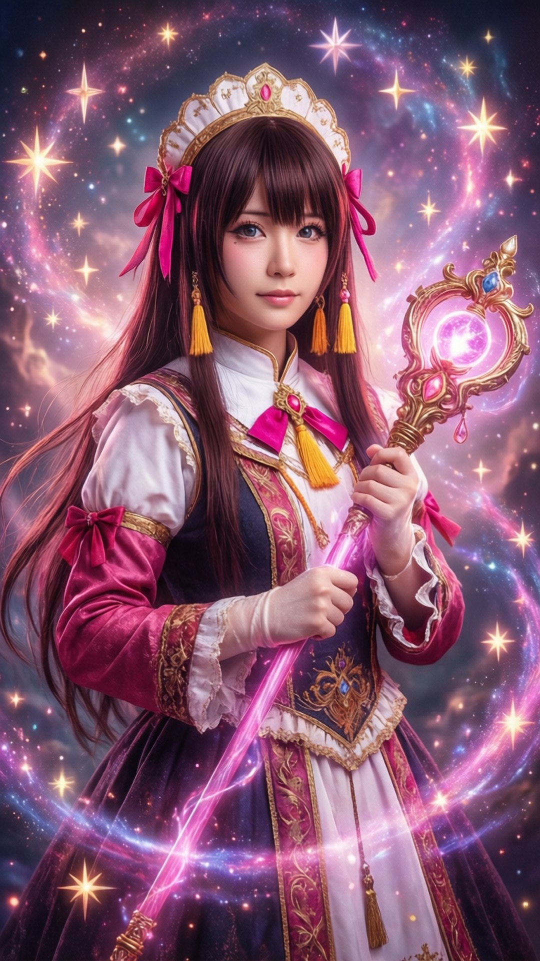 年輕的奇幻女神穿著粉紅色金色連衣裙，在星空宇宙背景下手持發光杖