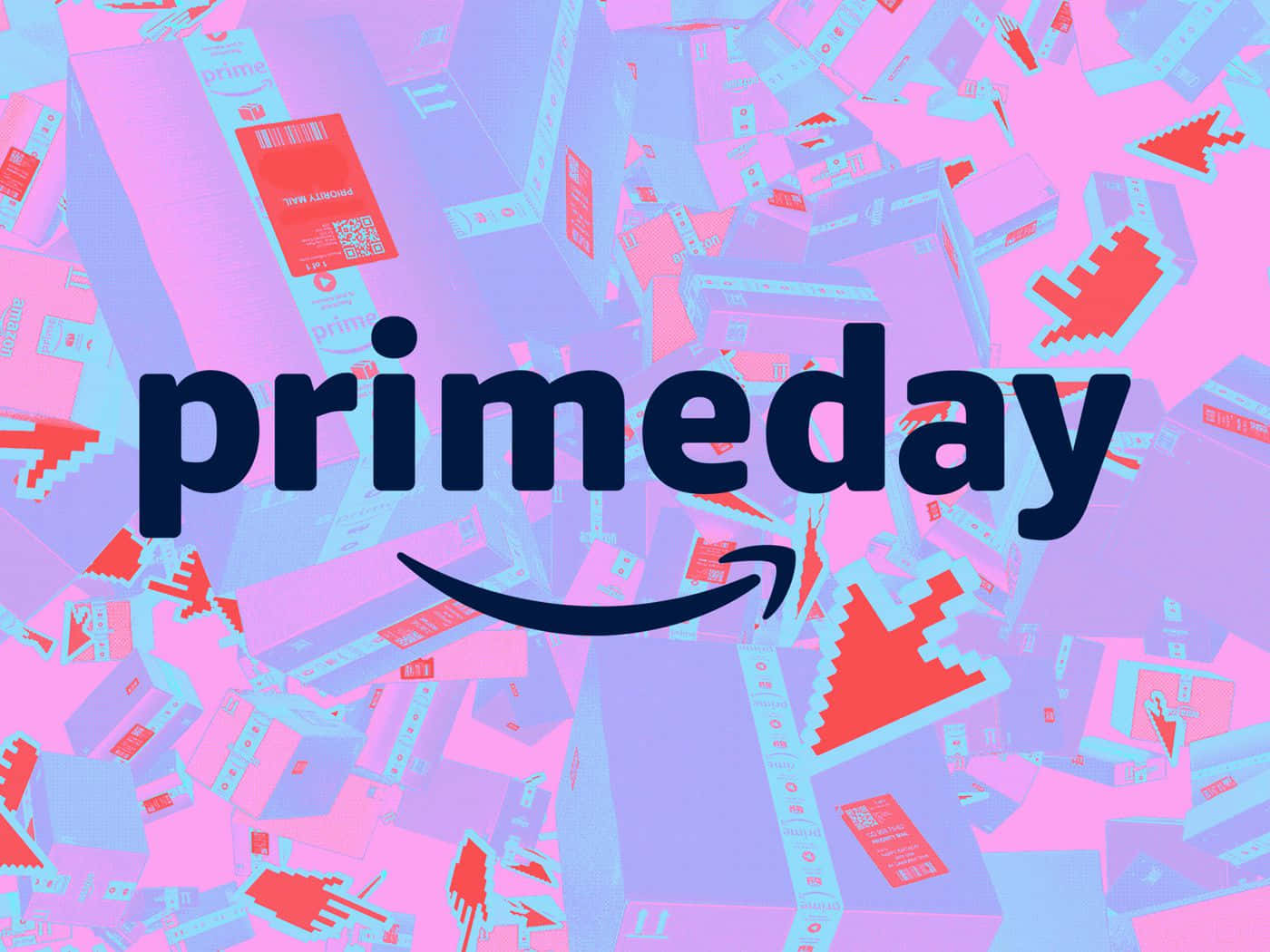  壁紙 — Prime Day 標誌居中於充滿活力的粉紅色和藍色背景上，背景有散落的亞馬遜盒子和像素化箭頭。
