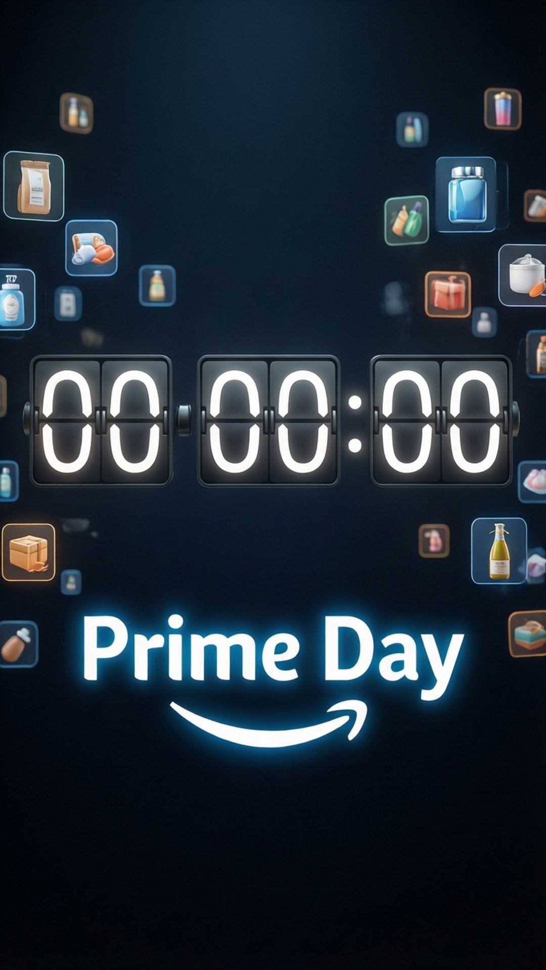 Prime Day倒數計時器，黑暗背景上有浮動產品圖標