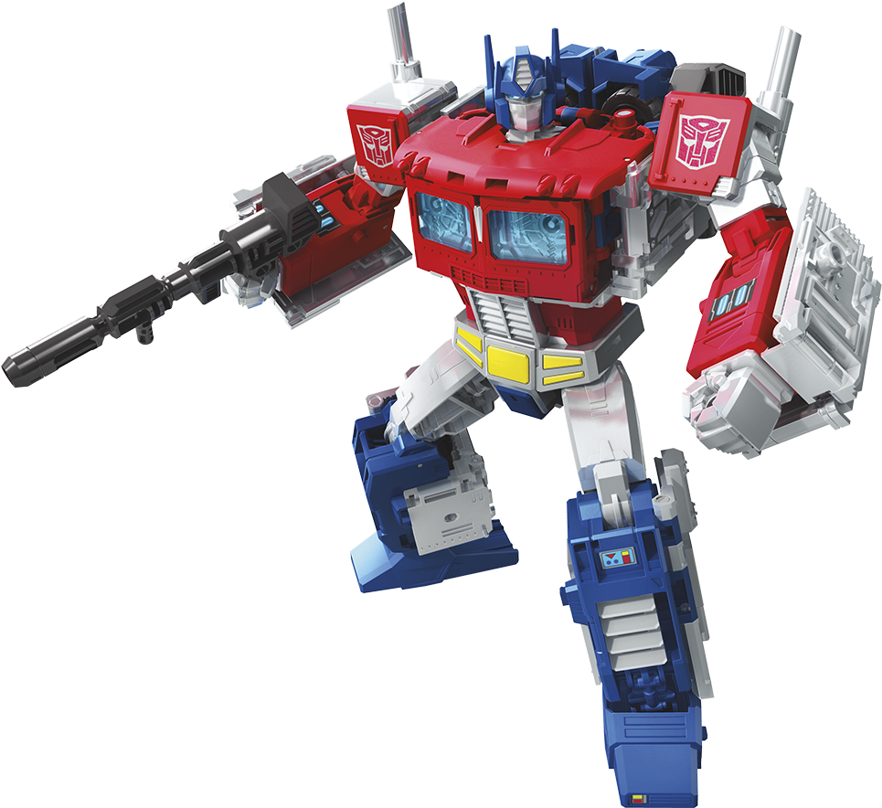 奧米加Prime動作姿勢 壁紙 — 一個紅色、藍色和白色的柯柏文（Optimus Prime）動作人偶以機械人模式站立，手持一把大槍，背景為黑色。