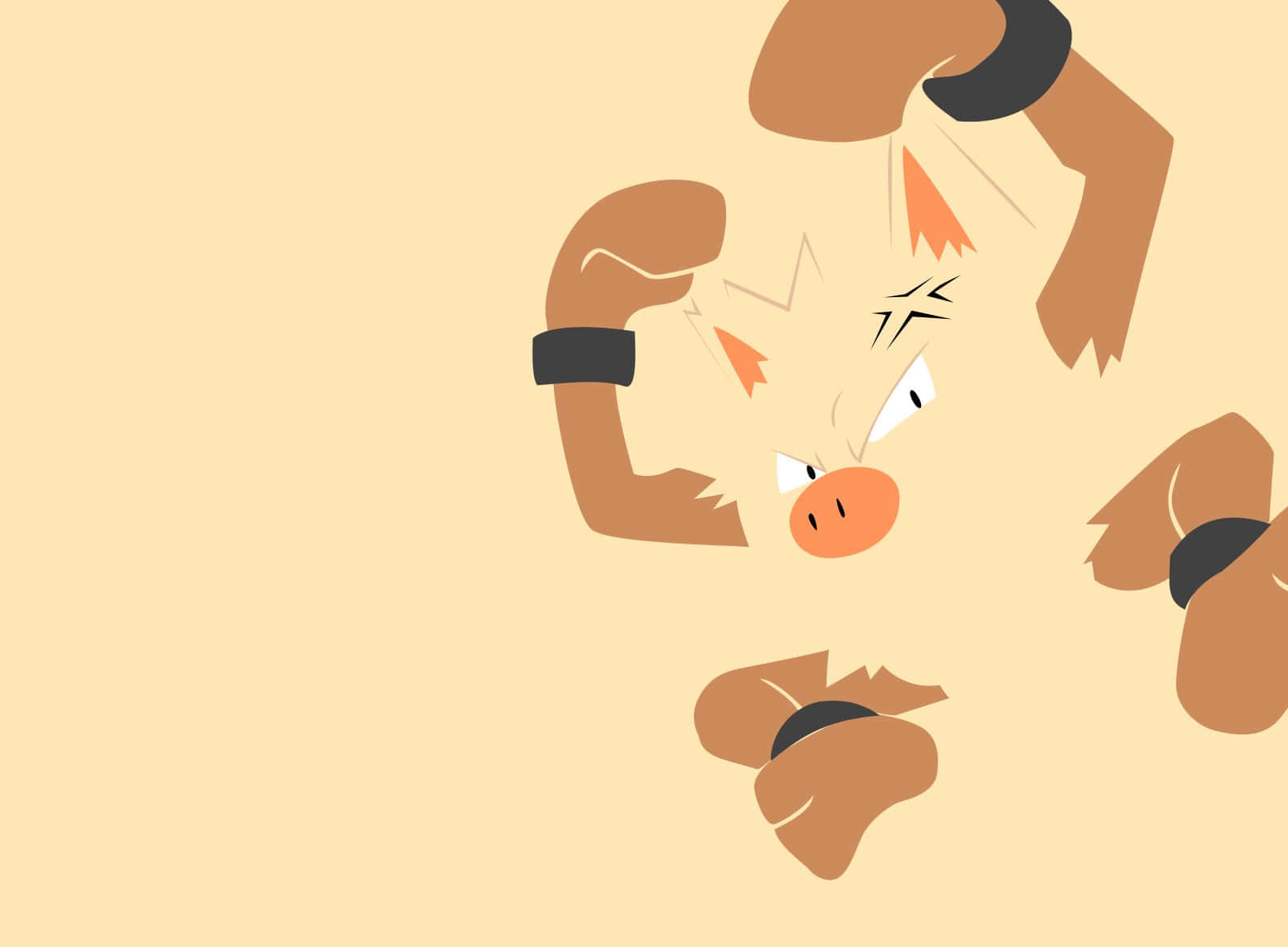 極簡風格的 Primeape 寶可夢插畫 壁紙 — 一隻卡通豬在米色背景上，怒目而視，戴著黑色腕帶，展示肌肉。