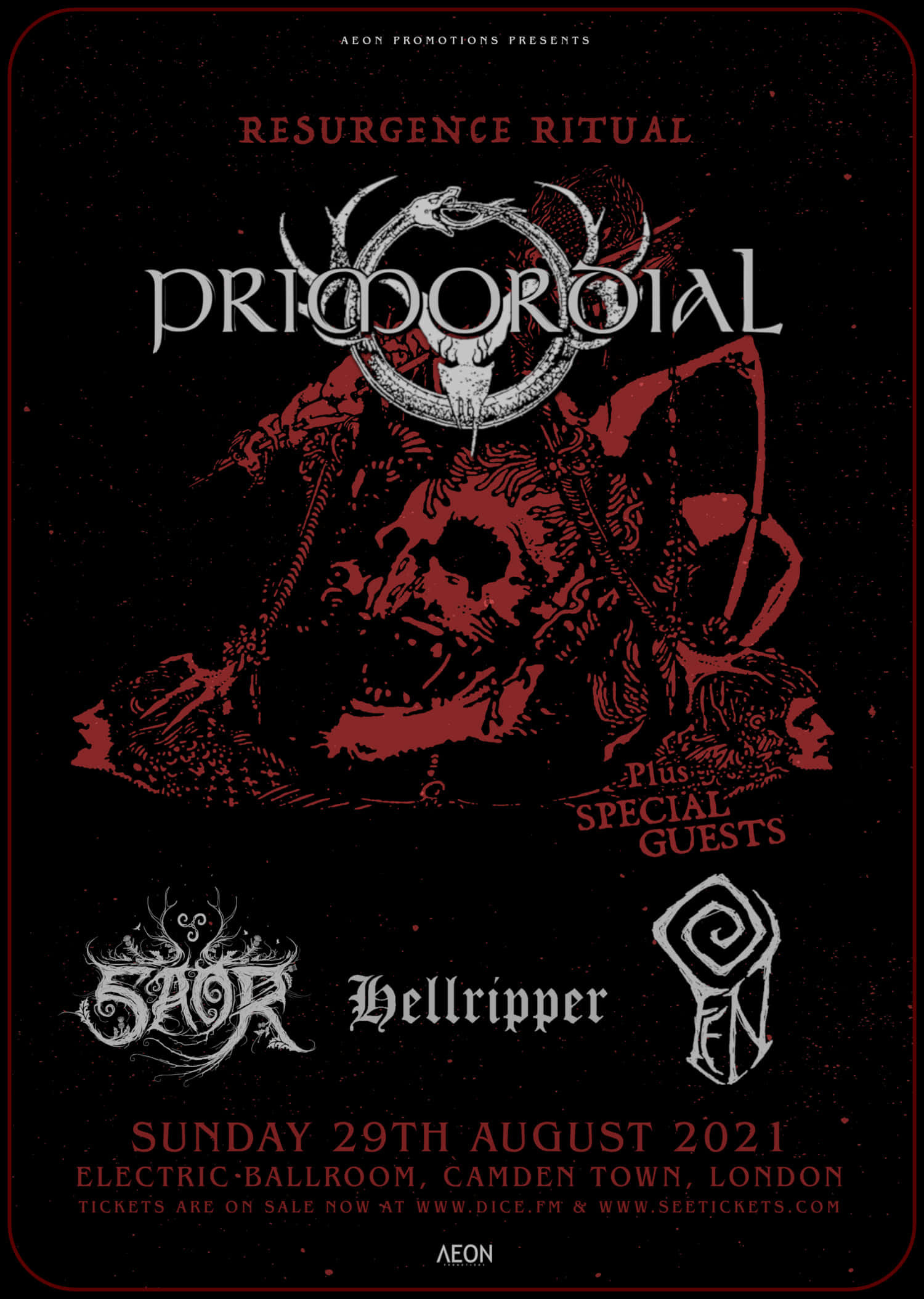Primordial 在「復甦儀式」演出海報 壁紙 — 一張深紅色和黑色的金屬音樂會海報，以Primordial為主題，帶有頭骨和鹿角圖案。