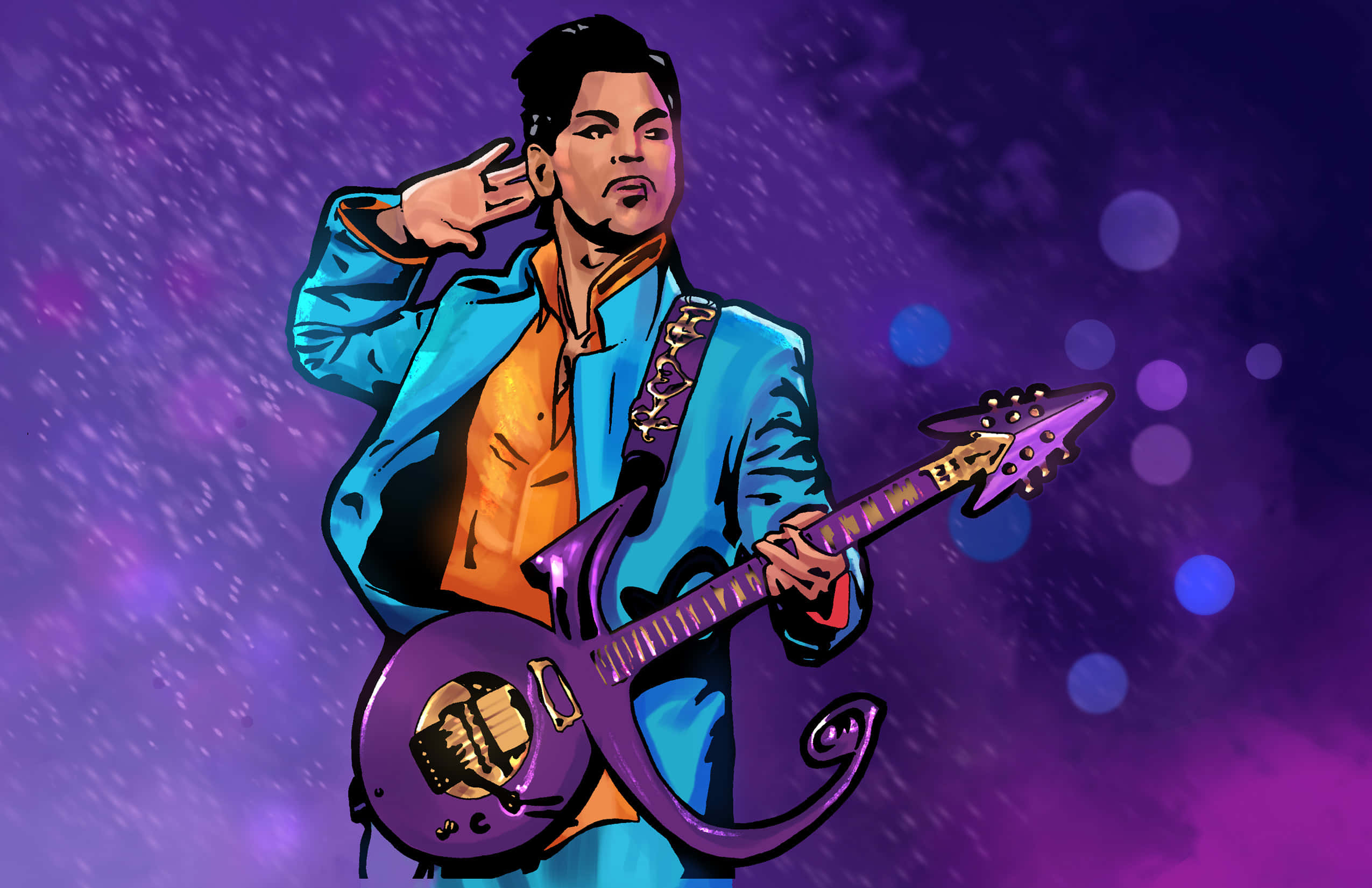 Singer 桌布 壁紙 — Prince 喺一個有散景燈光同星星狀斑點嘅宇宙紫色背景前彈奏紫色結他。