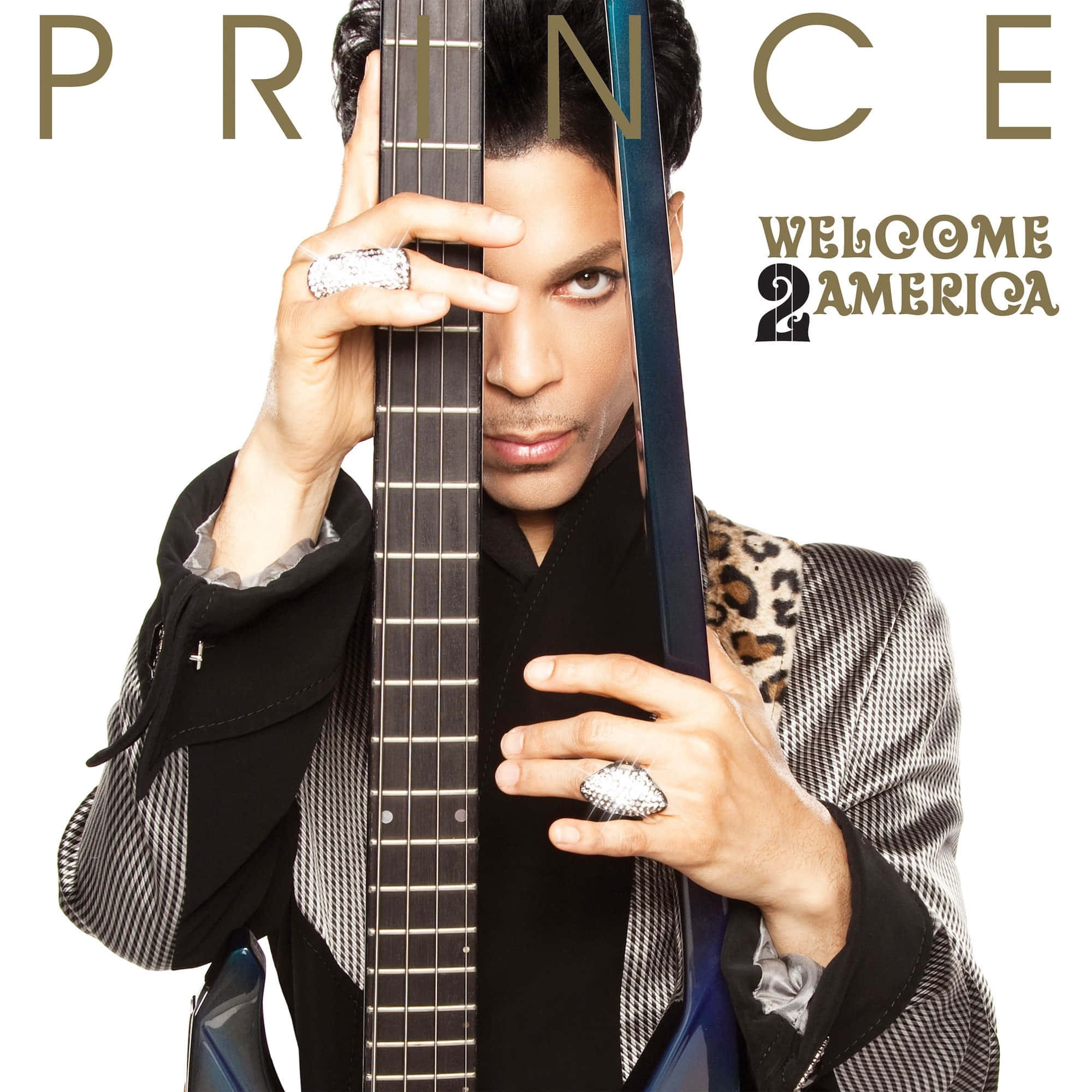 王子 桌布 壁紙 — Prince 垂直握住低音結他，部分遮蓋他的臉，穿著圖案外套和戒指，背景為白色。