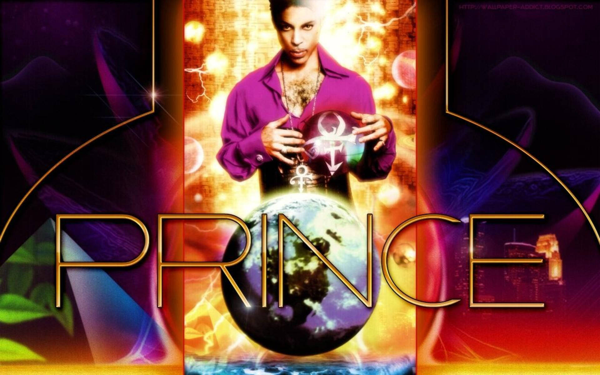Prince 手持發光球體，懸浮於一個以金色名字的行星之上。