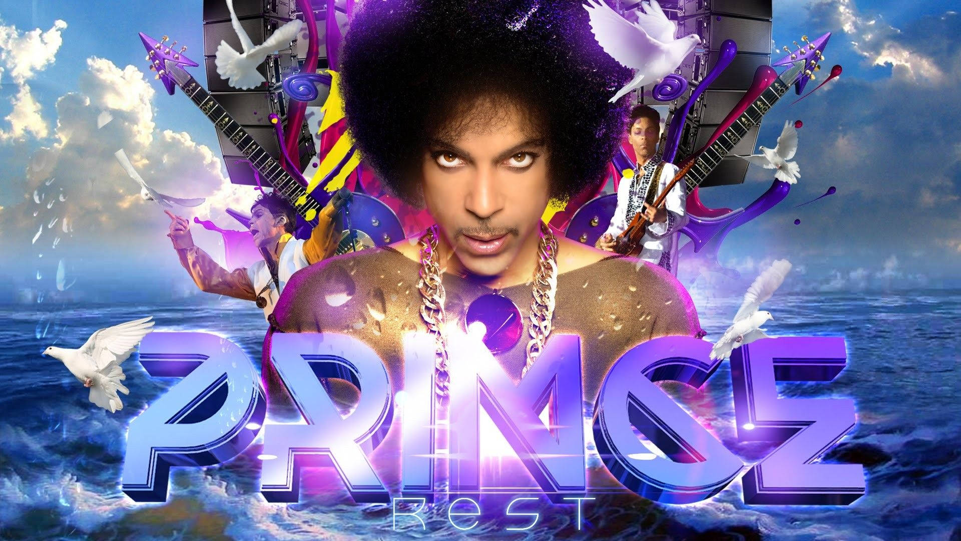 Prince 被結他、鴿子和發光文字包圍，背景是暴風雨海洋