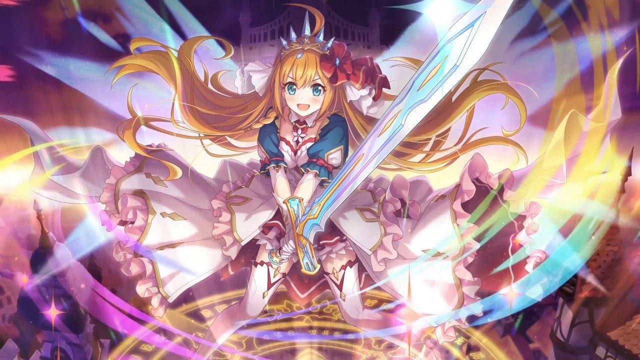 穿著奇幻禮服的動漫女孩，手持發光的劍，被魔法光芒包圍。