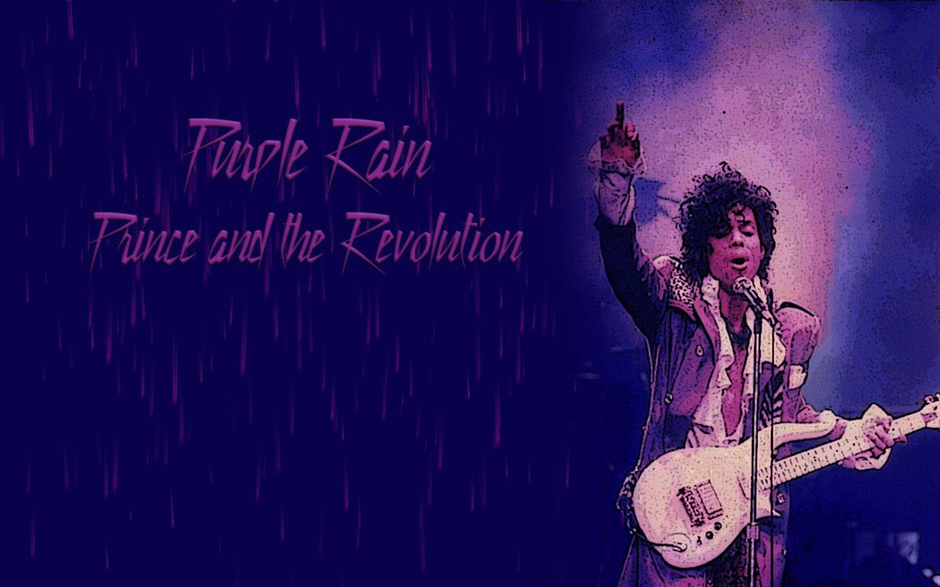 Prince與The Revolution 壁紙 — Prince 在紫色雨中熱情演出，'Purple Rain' 文字在他旁邊發光。