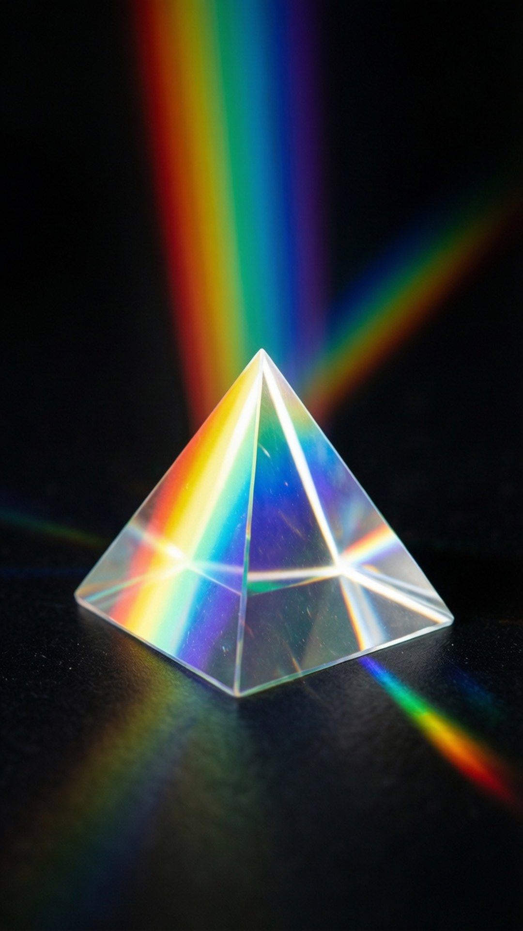 一個玻璃金字塔稜鏡在黑色表面上將光線分散成彩虹