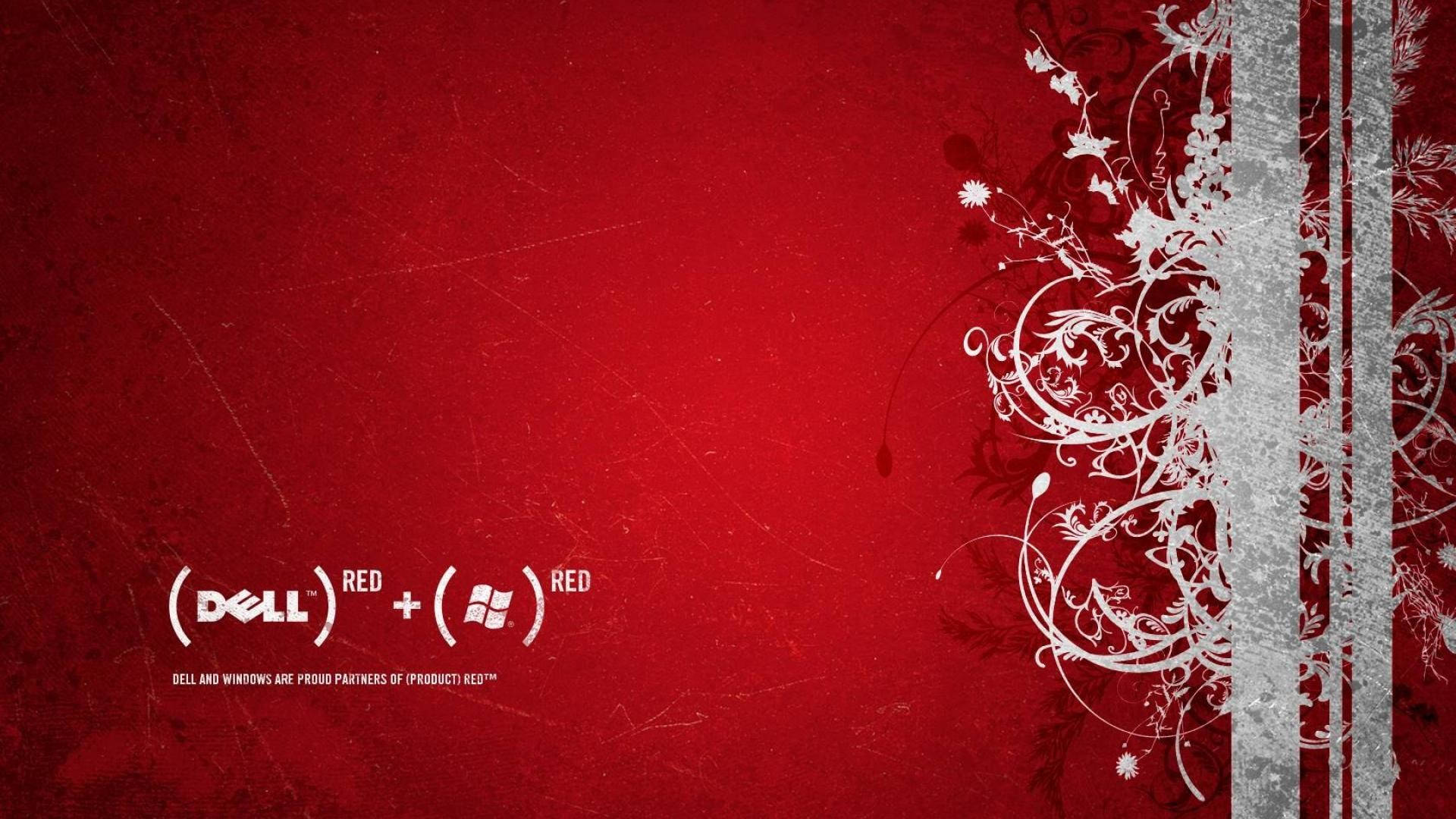 Product Red與Dell HD藝術圖案 壁紙 — 右側帶有白色裝飾花卉圖案、左側帶有 Dell Windows 標誌的紋理紅色壁紙。