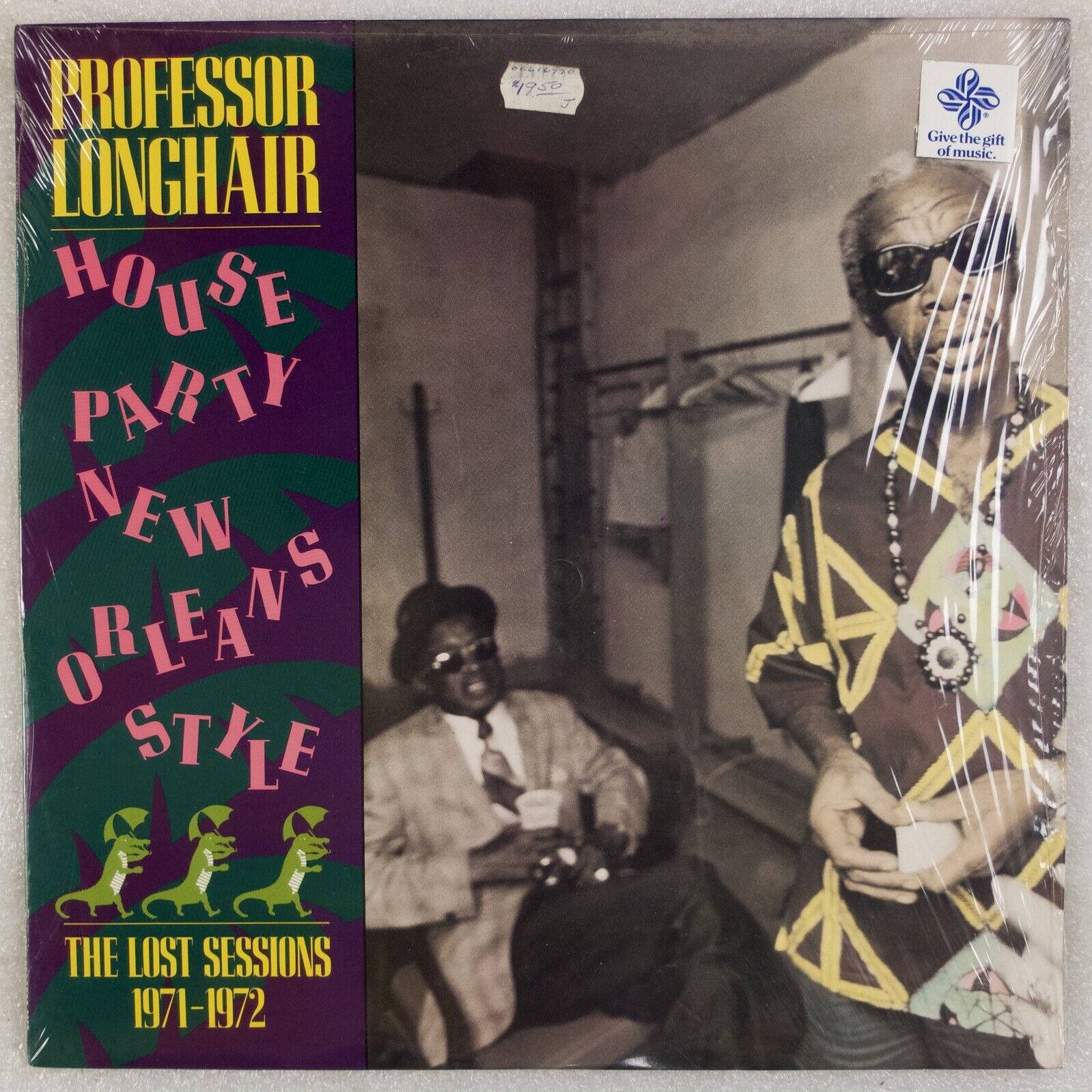 復古專輯封面， featuring Professor Longhair 和一位朋友戴著太陽眼鏡，帶有粗體文字和綠色鱷魚圖案。