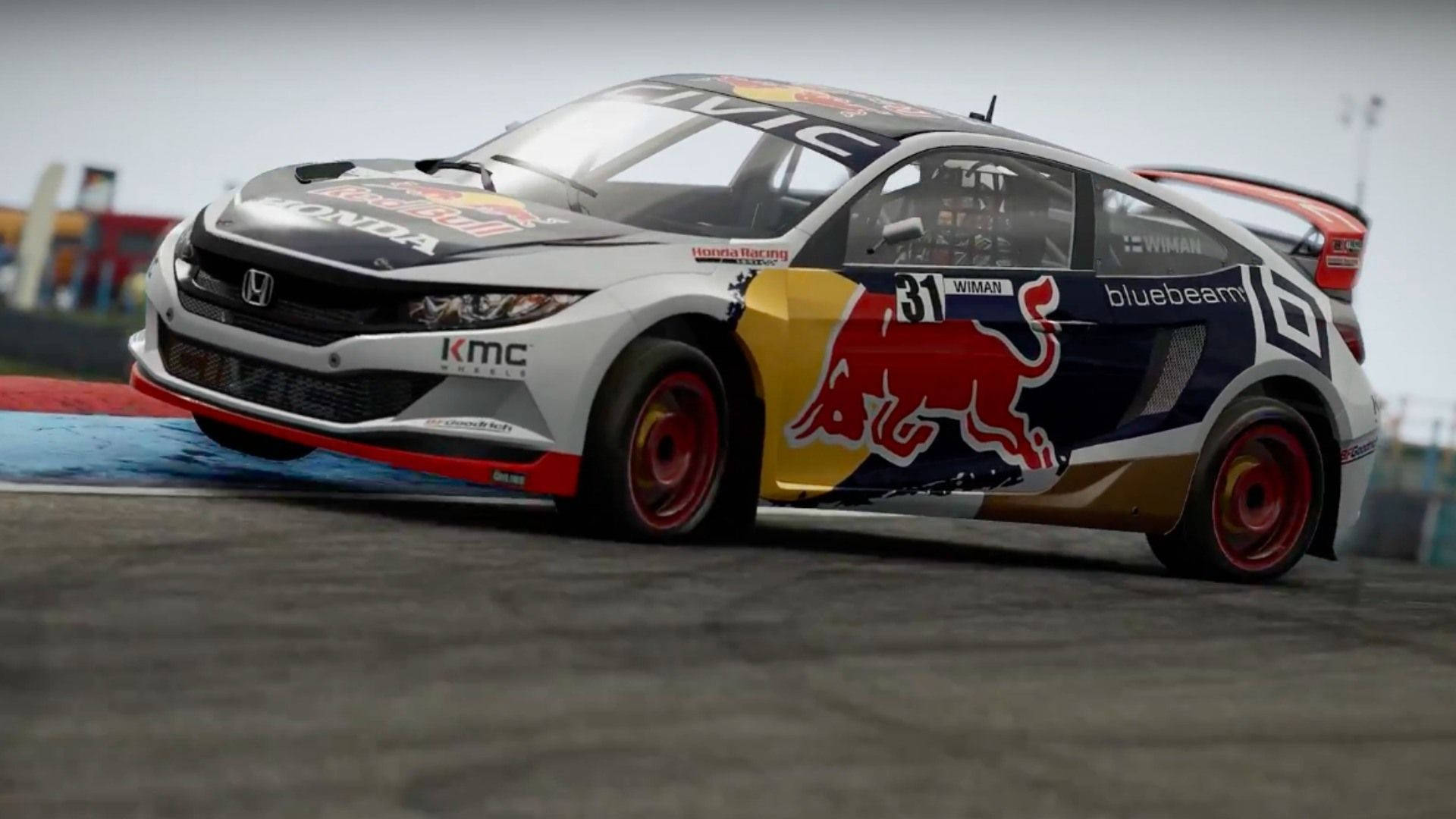 Red Bull Honda賽車在比賽中於潮濕賽道上漂移。