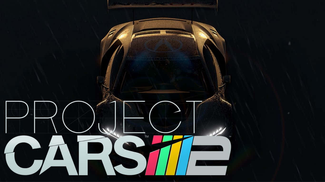 Project Cars 2 法拉利 背景 壁紙 — 從上方俯瞰一輛在暴雨中行駛、車頭燈閃爍並帶有遊戲標題覆蓋層的流線型賽車。