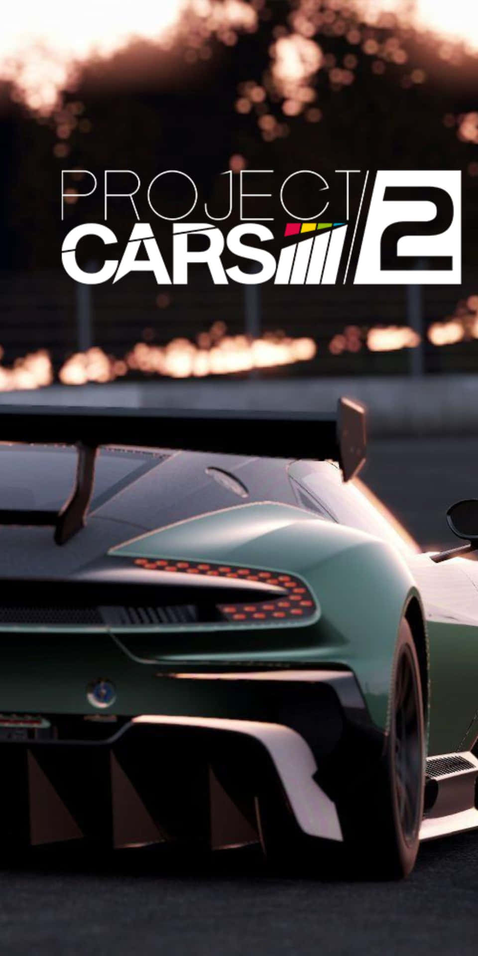 日落時分賽道上綠色賽車的後視圖，帶有 Project CARS 2 標誌。