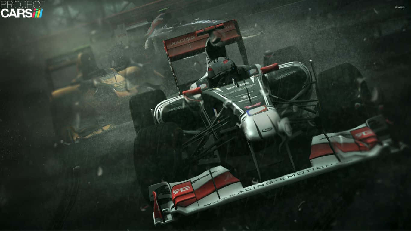 Project Cars 2 遊戲賽車場景 壁紙 — 一輛時尚的紅銀色賽車在濕滑的賽道上疾馳，帶有模糊的動感和戲劇性的燈光。