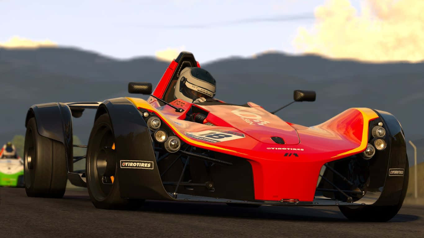 駕駛 Project Cars 的炫酷背景 壁紙 — 一輛紅黑開輪賽車在日落時分，背景有山脈的賽道上疾馳。