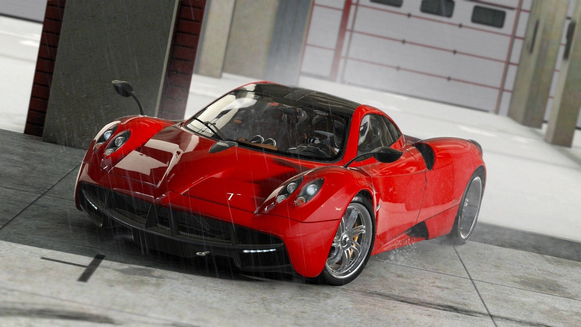 Project Cars 4K 高光澤紅色 Pagani 壁紙 — 一輛光亮的紅色跑車在雨滴下閃閃發光，停放在現代車庫的濕混凝土上。