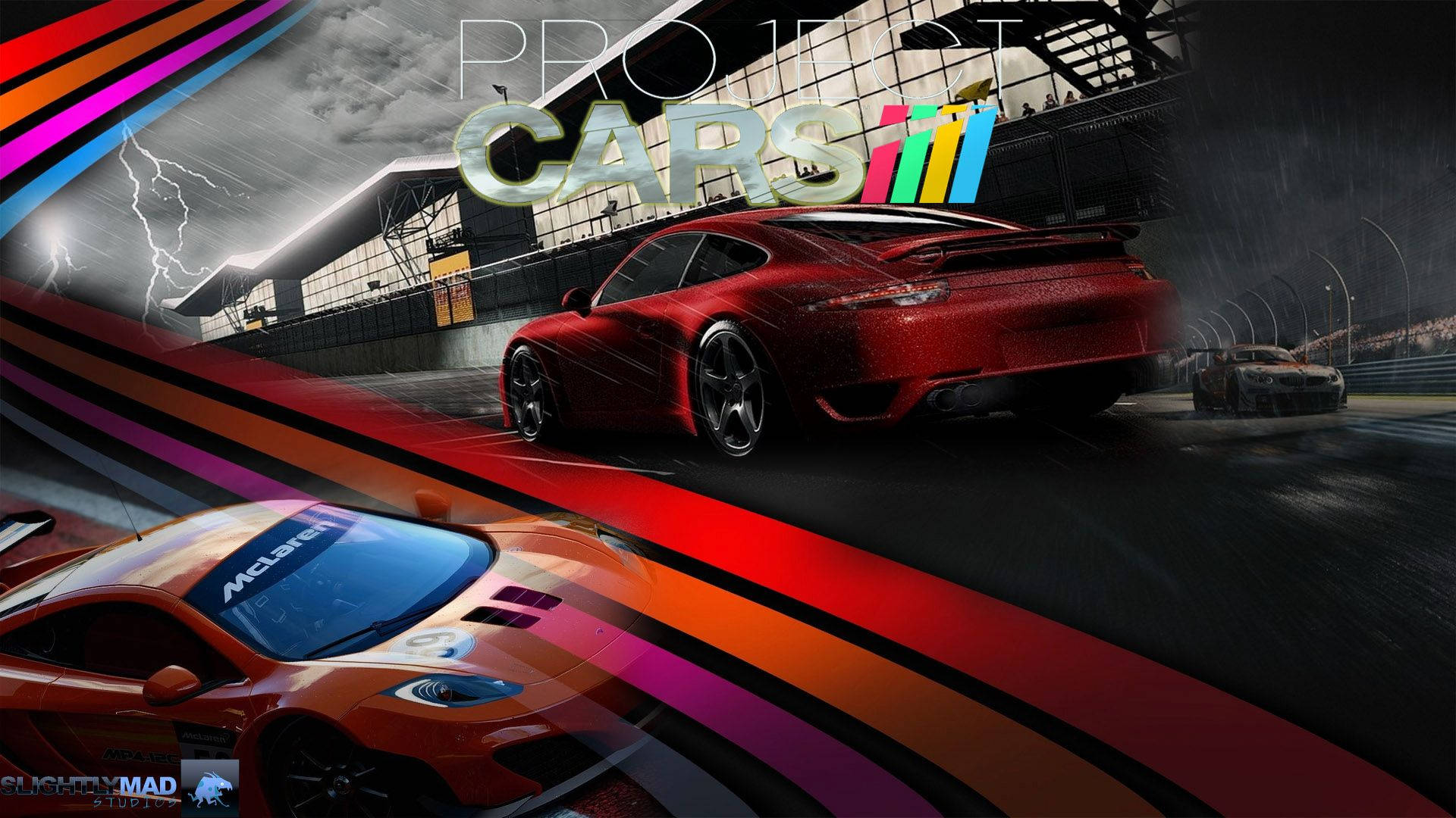 Project Cars 4K 高速駕馭體驗 壁紙 — 一輛紅色跑車在暴風雨的天空下，在潮濕的賽道上奔馳，鮮豔的彩虹條紋和閃電照亮了場景。