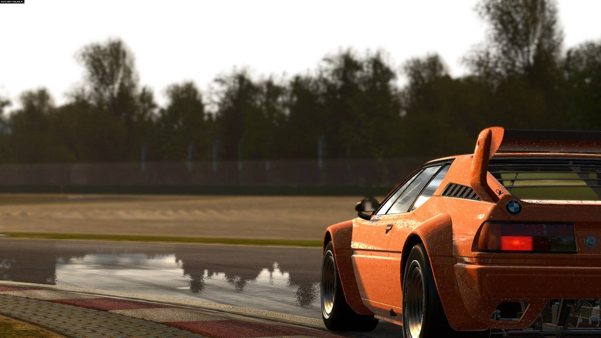 Project Cars 4K 橙色寶馬 壁紙 — 一輛鮮豔的橙色賽車在潮濕的賽道上疾馳，背景有樹木和護欄。