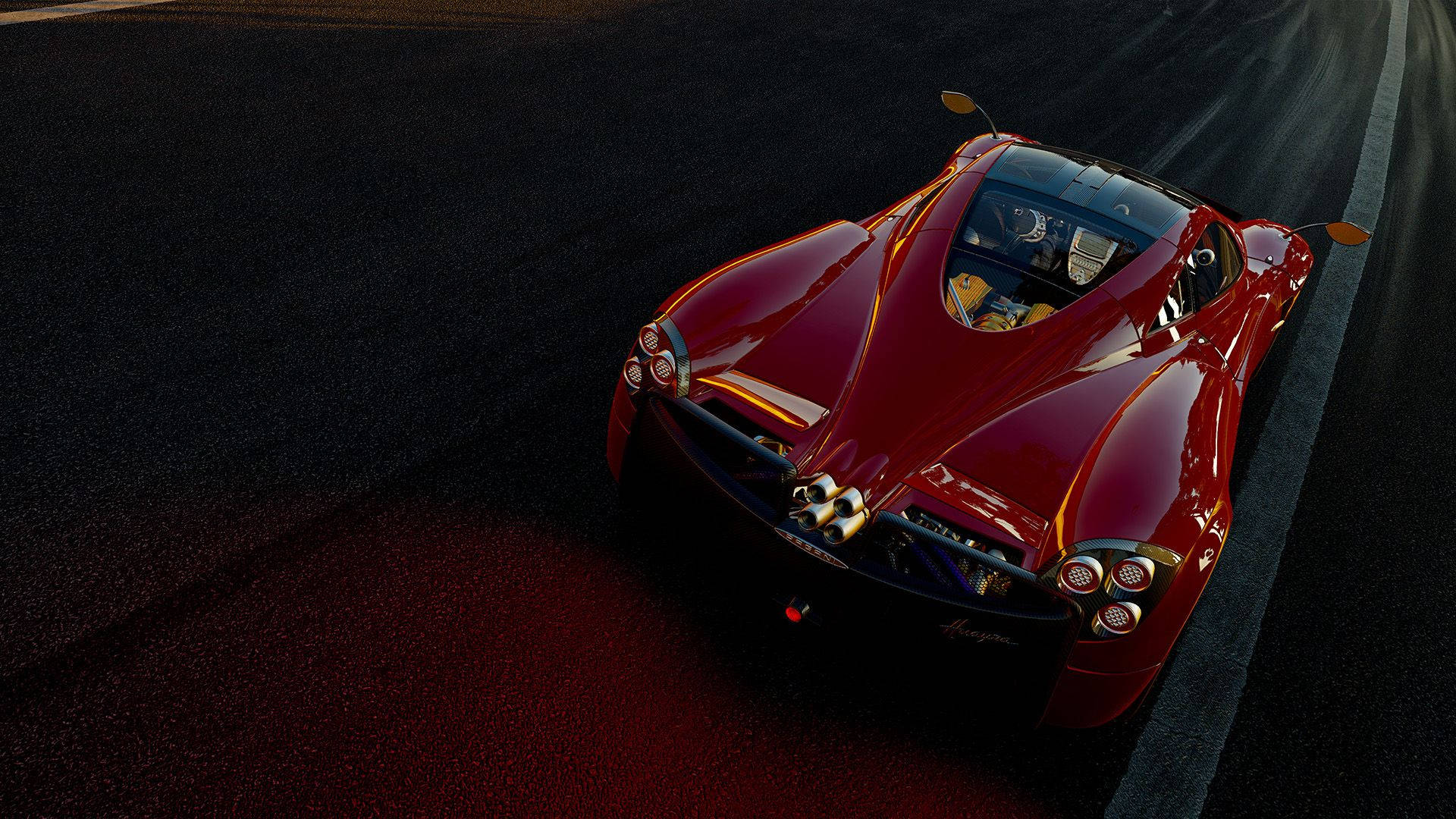 Project Cars 4K 高光澤紅色帕加尼 壁紙 — 一輛光澤的紅色超跑在戲劇性燈光下沿著黑暗的瀝青賽道飛馳。