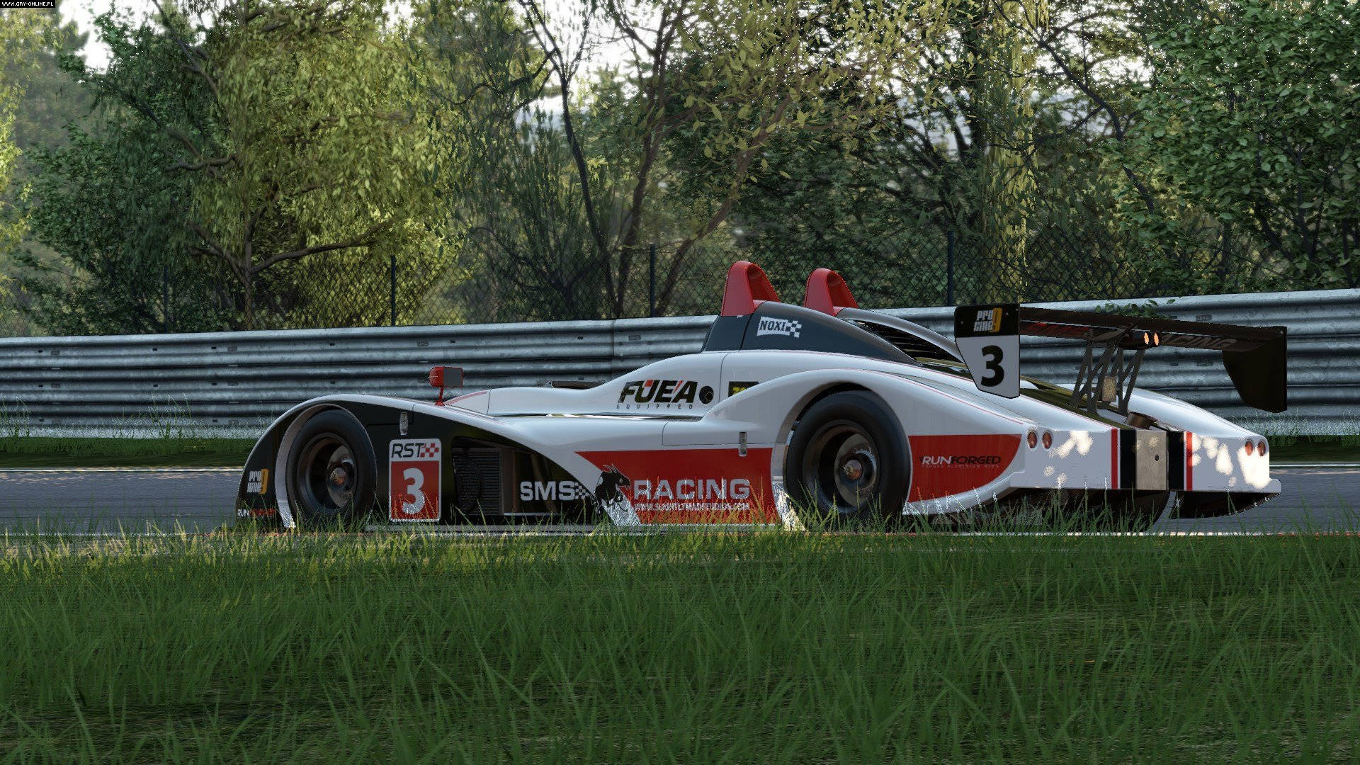 Project Cars 4K Osella FA30 壁紙 — 一輛白色和紅色的賽車，號碼3，沿著一條由綠色草地和樹木環繞的賽道飛馳。