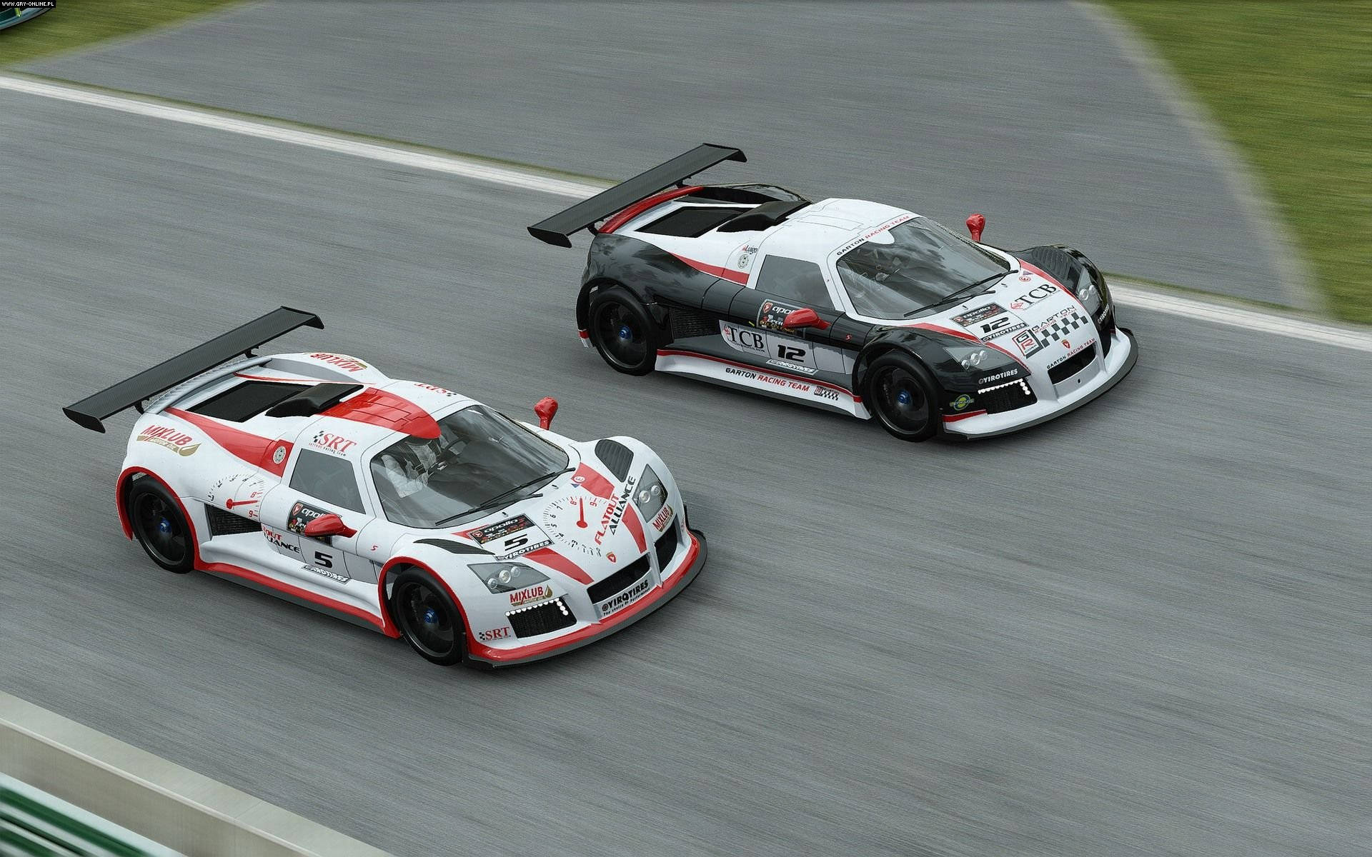 Project Cars 4K 賽車競速 壁紙 — 兩輛白色和紅色的賽車帶有黑色尾翼，在灰色瀝青賽道上並排飛馳。
