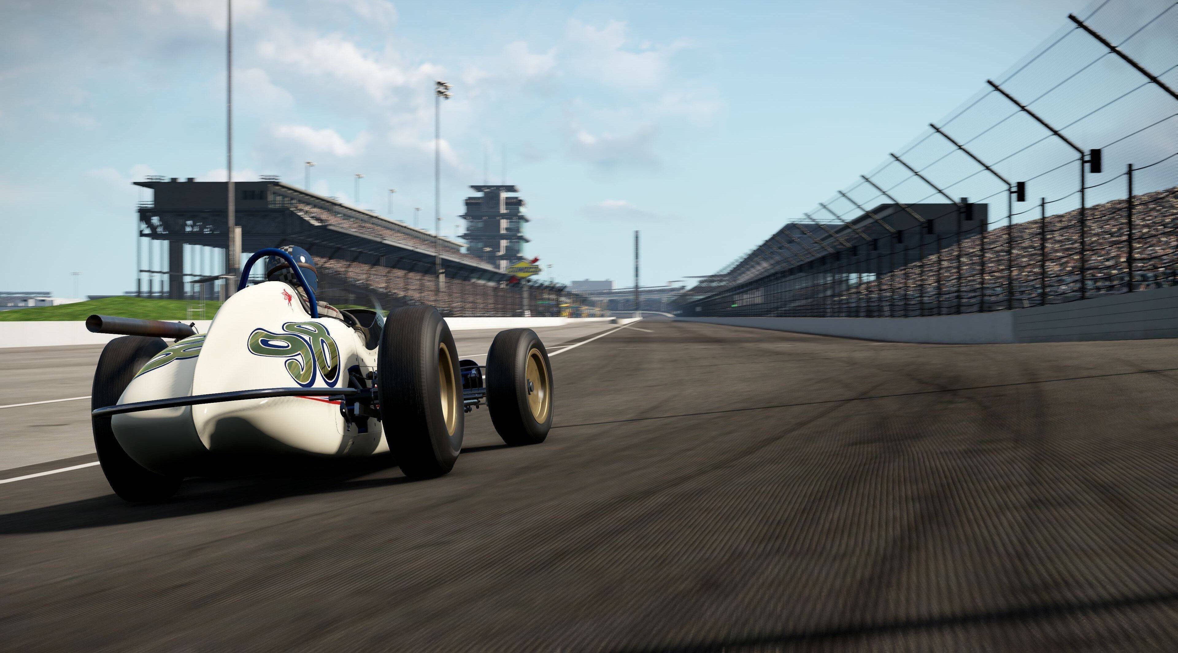 Project Cars 4K 古典 Cooper F12 壁紙 — 一輛復古白色開輪賽車，編號50，在陽光明媚的瀝青賽道上疾馳，賽道兩旁是看台和安全護欄。