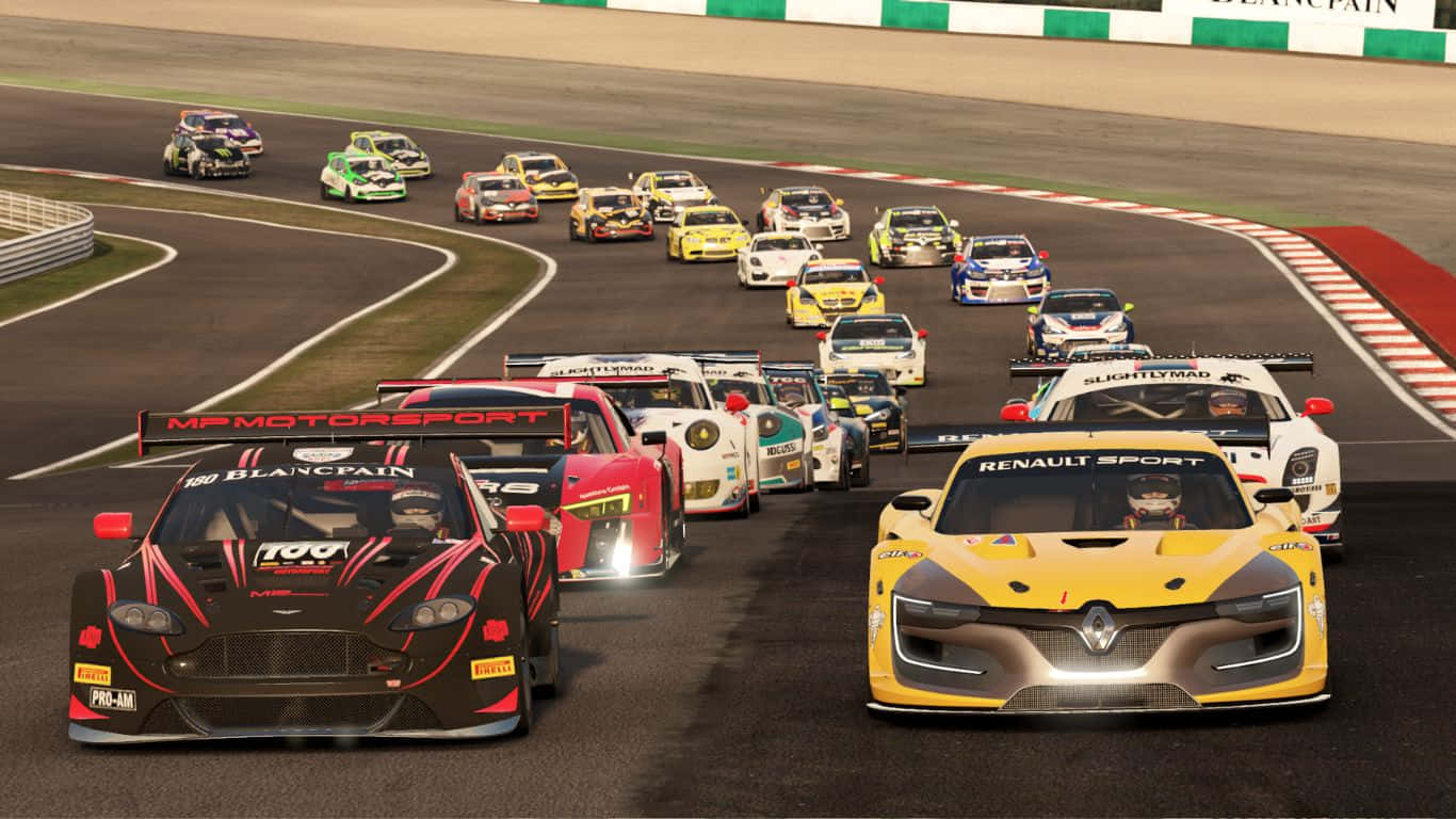 在 Project Cars 中超越群雄 壁紙 — 一組色彩繽紛的賽車緊密地繞著帶有紅色和白色路緣的彎曲瀝青賽道飛馳。