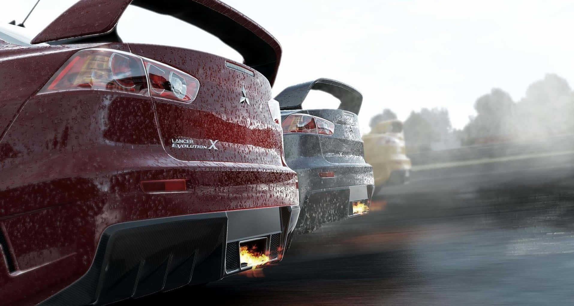 Project Cars 三菱 Lancer Evolution 高清背景 壁紙 — 兩輛濕透的跑車在濕滑的賽道上競速，排氣管噴出火焰，身後激起水花。