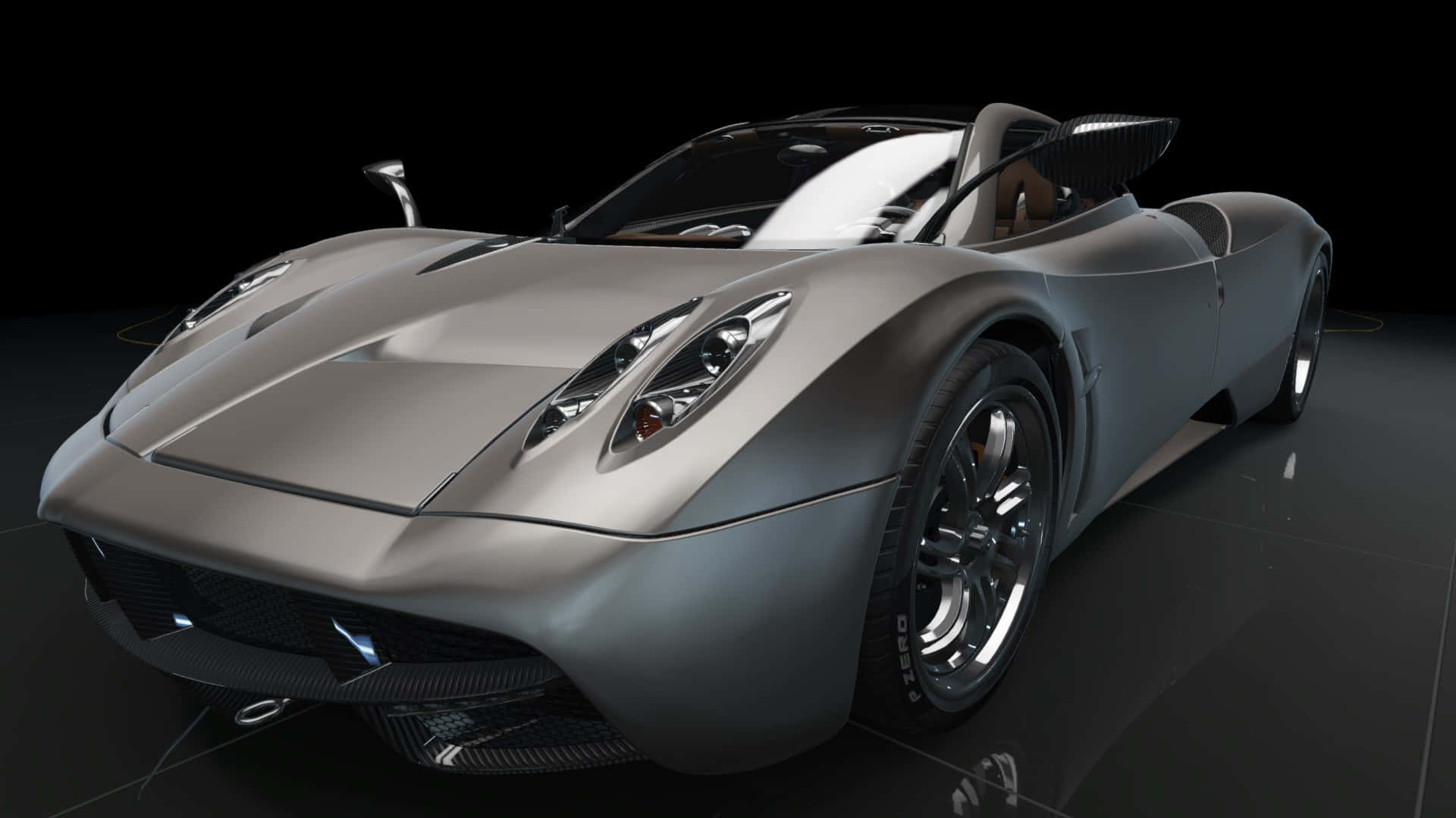 《Project Cars》灰色帕加尼Huayra 高畫質背景 壁紙 — 一輛時尚的銀色開篷跑車在深色背景下展示在反光的黑色地板上。