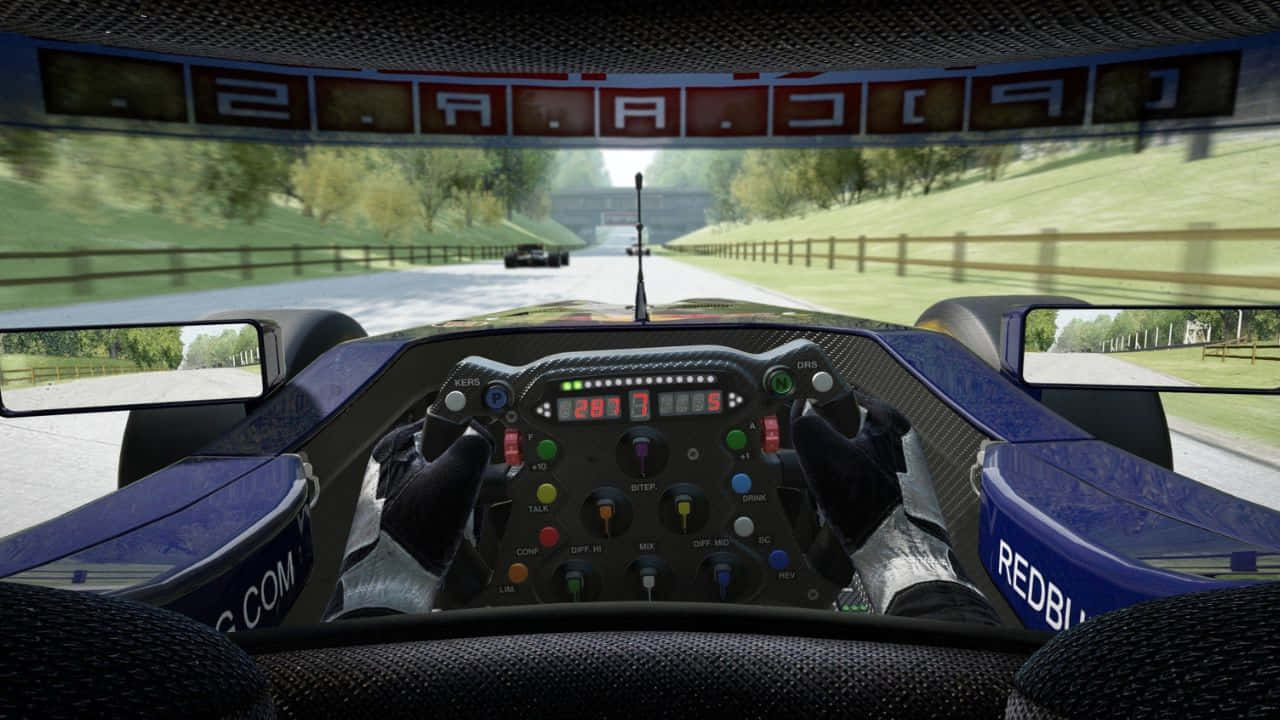 Project Cars 玩家駕駛 720p 壁紙 — 從藍色賽車駕駛艙內部看到的第一人稱視角，戴著手套的手握著控制器，在綠樹成蔭的賽道上飛馳。