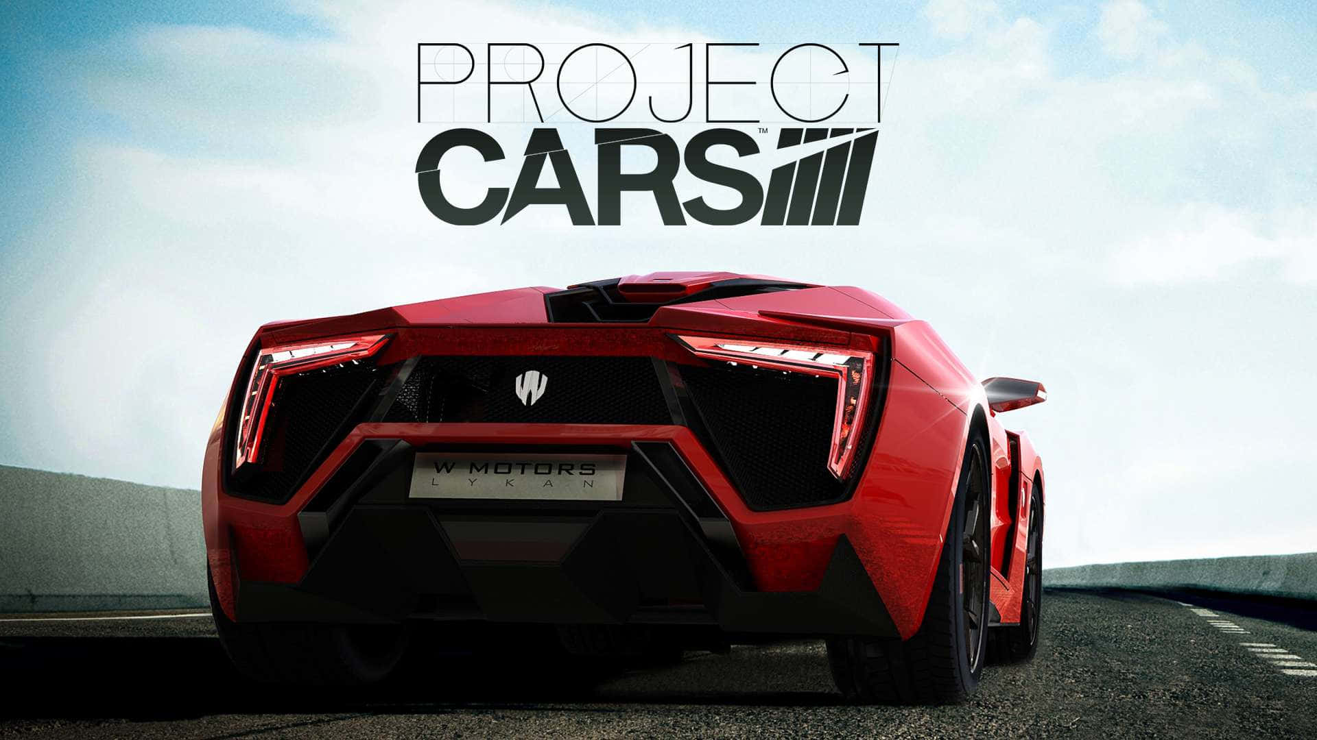 Project Cars 高清 W Motors Lykan HyperSport 背景 壁紙 — 一輛紅色W Motors Lykan Hypersport跑車從後方觀看，在賽道上，天空明亮，上方有「Project CARS」文字。