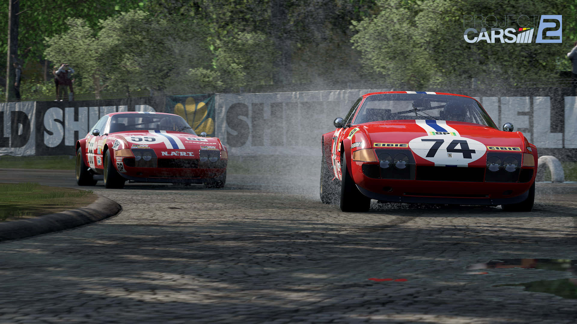 Project Cars 高清紅色賽車競速背景 壁紙 — 兩輛紅色復古賽車，編號74和99，在濕滑的鵝卵石賽道上爭鬥，周圍環繞著綠樹。