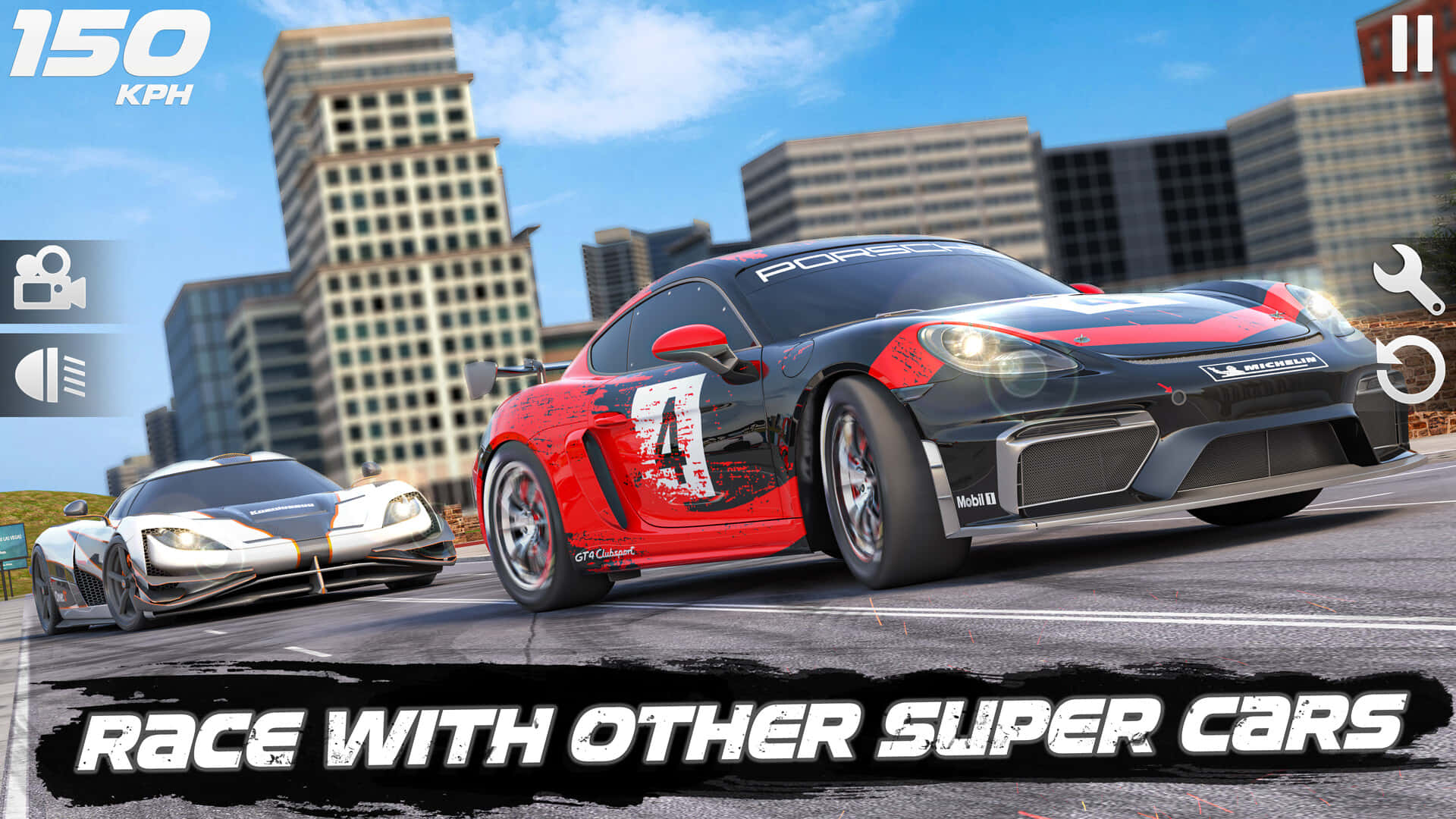 Project Cars 高速賽車的刺激體驗 壁紙 — 兩輛超級跑車在藍天白雲下，以摩天大樓為背景，在城市街道上並排飛馳。