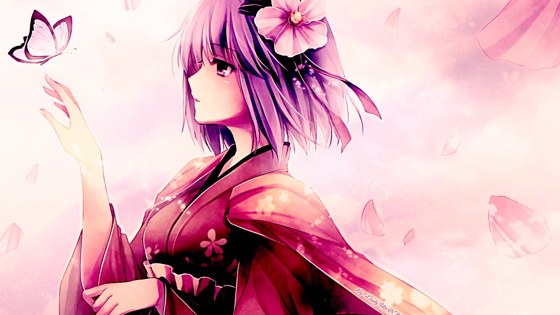 東方Project 日影之秋葉 壁紙 — 一位平靜的動漫女孩，紫色頭髮，戴著櫻花髮夾，在飄落的粉紅色花瓣中輕輕伸手去抓蝴蝶。