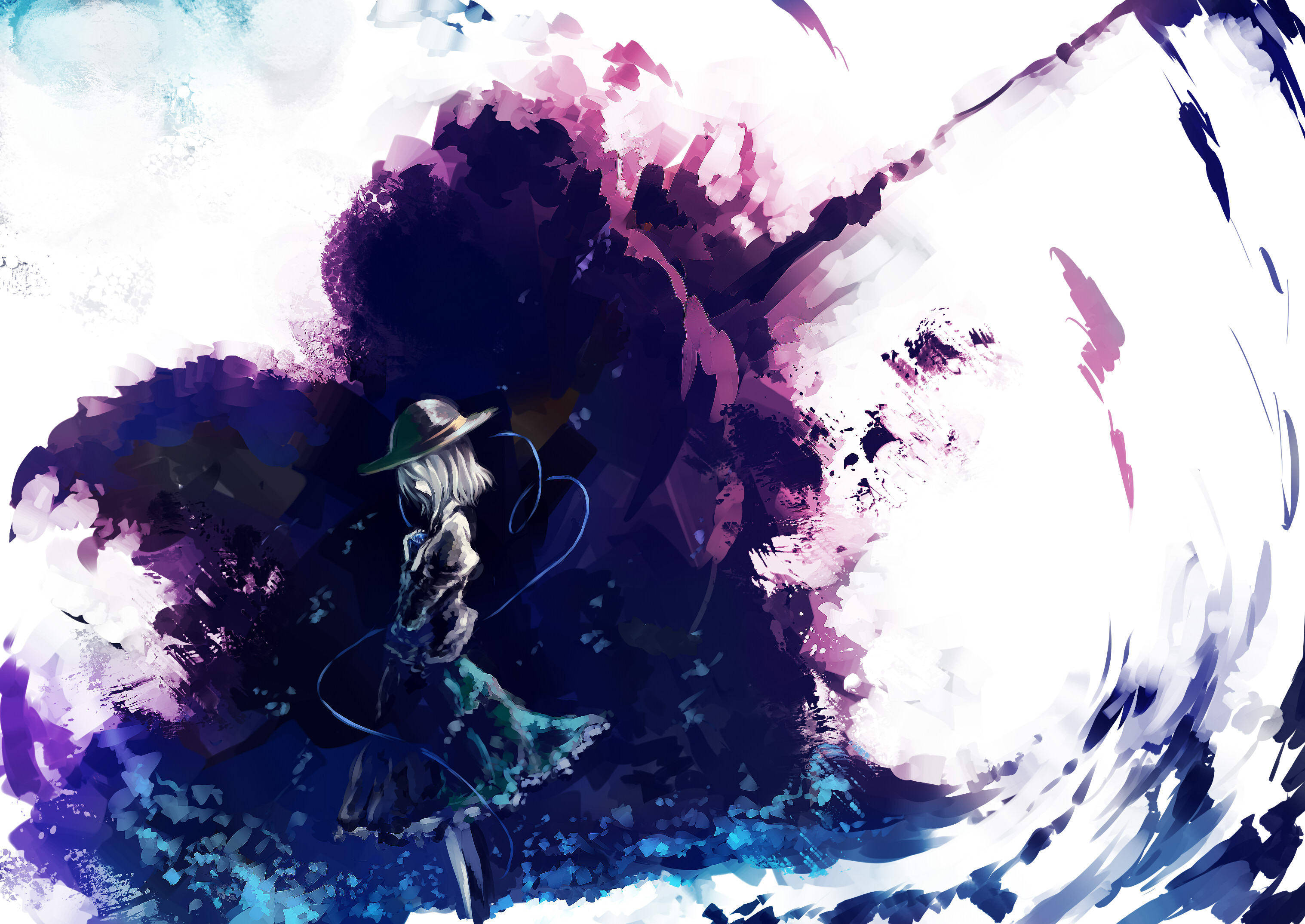東方Project 神社之子 壁紙 — 一個戴帽子的孤獨動漫女孩站在旋轉的紫色、藍色和白色抽象能量之中。
