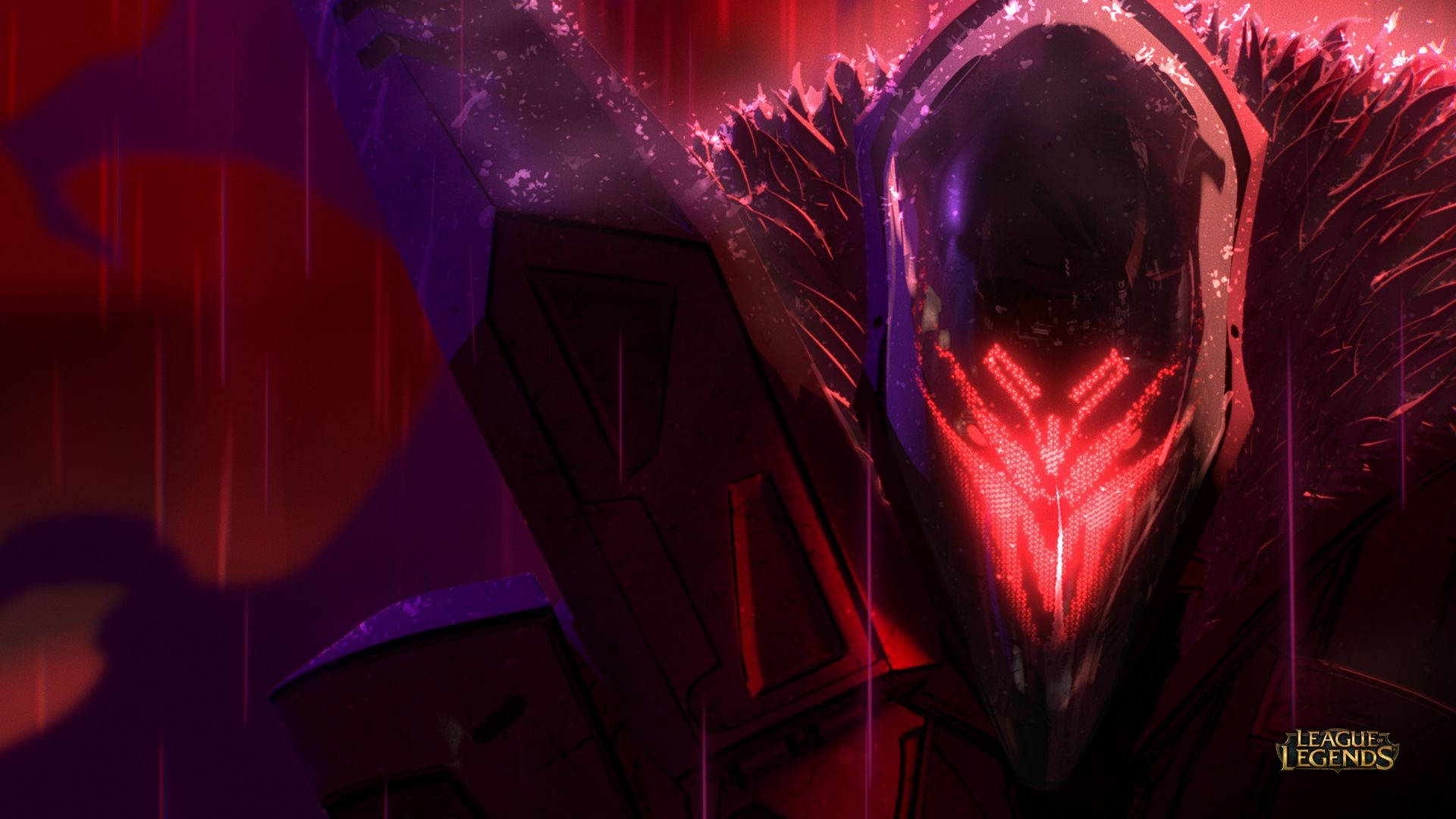 Project Jhin 頭盔裝甲 壁紙 — 一個帶有發光紅眼的威脅性裝甲人物站在暴風雨般的紫色和紅色環境中。