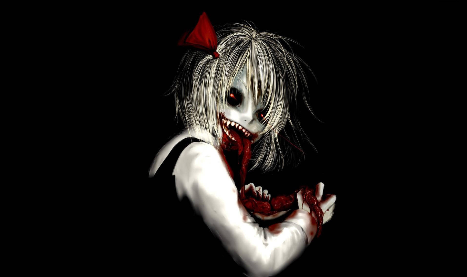 恐怖動畫《東方Project》露米亞吃內臟 壁紙 — 一個令人毛骨悚然的動漫風格女孩，白髮紅眼，在黑色背景前緊握著血淋淋的肉。